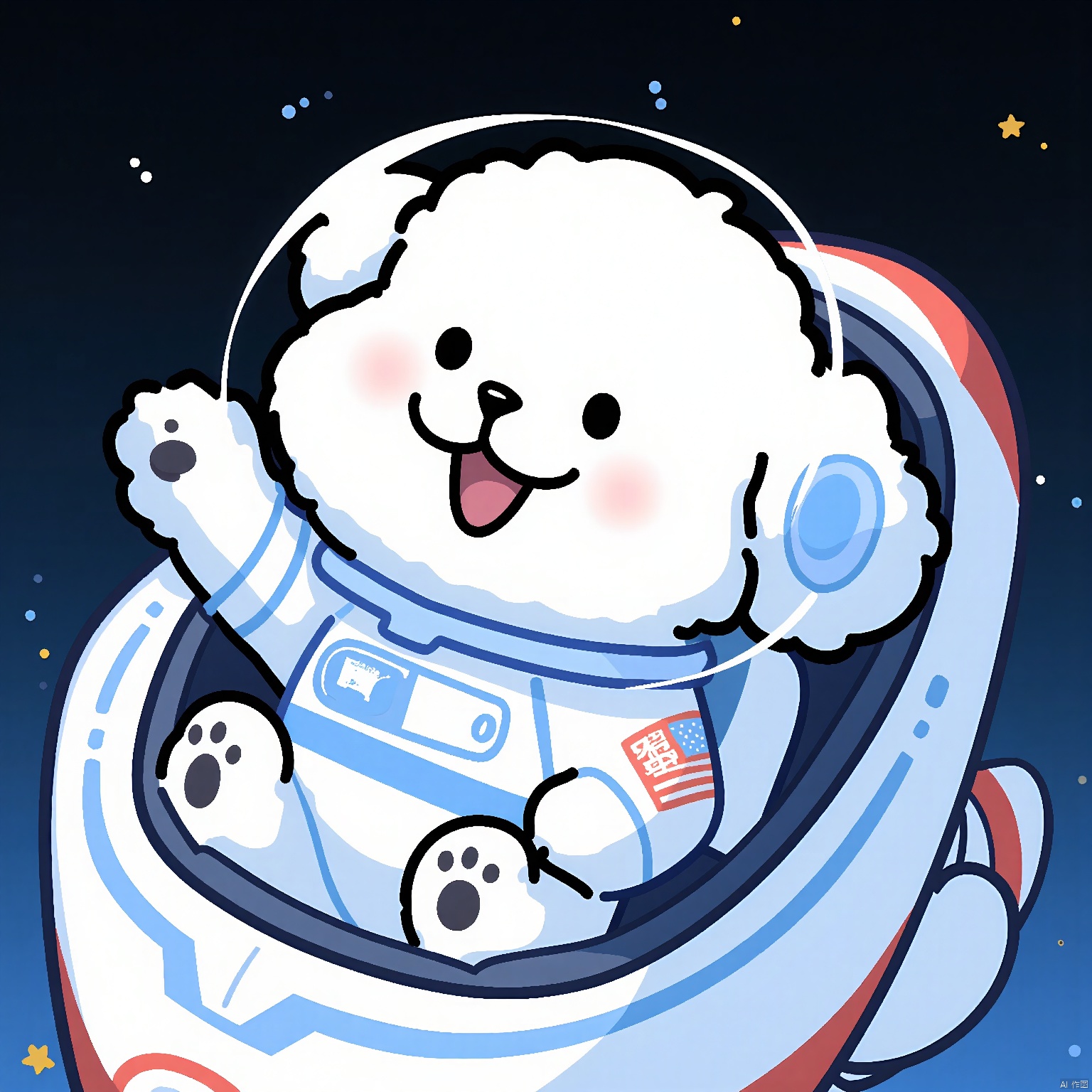 SDTX, A cartoon avatar of a white anthropomorphic poodle in a astronaut suit, waving from a spaceship. The background is a gradient from deep space black to starry night blue.