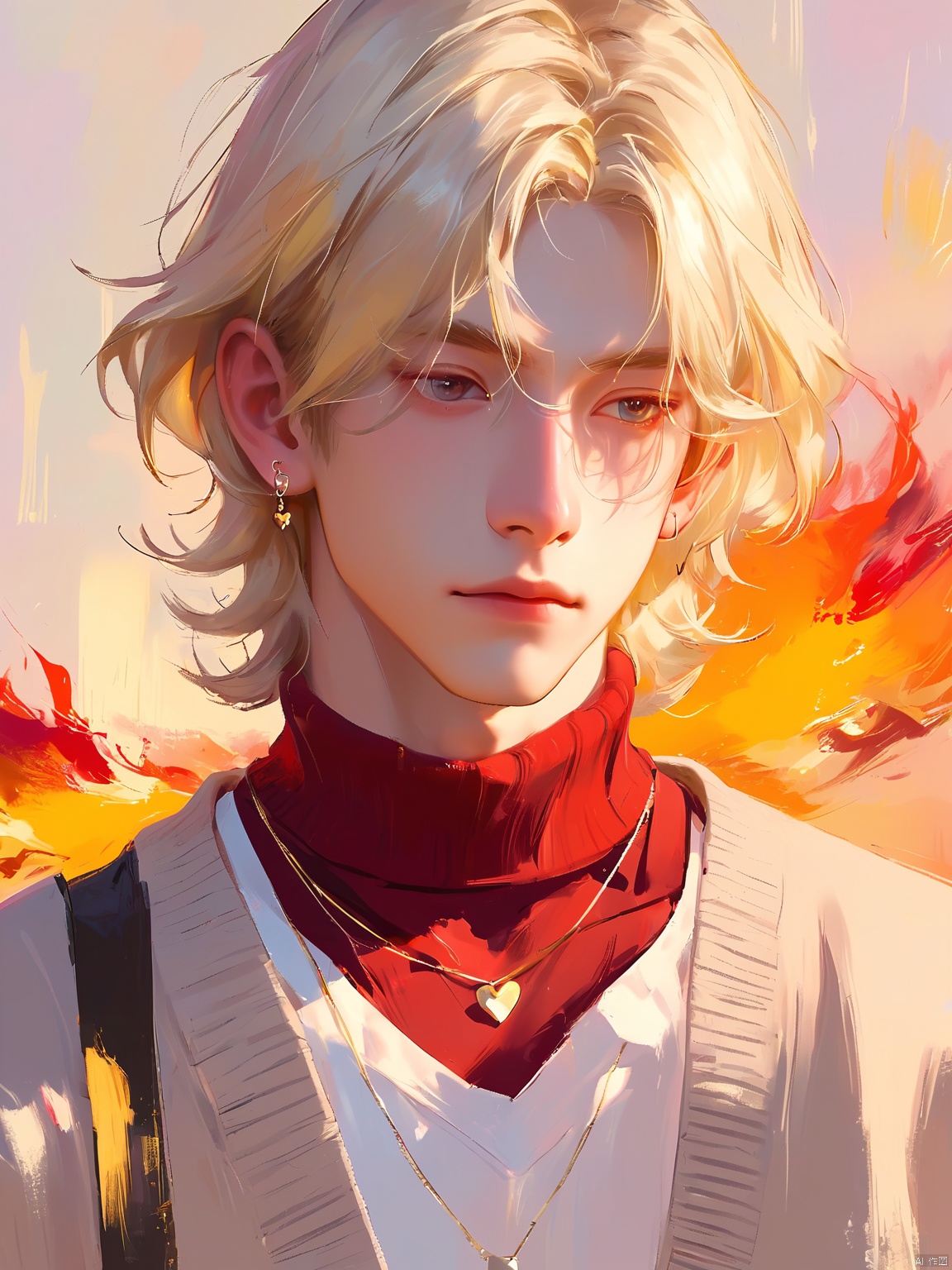 YHFG,Oil painting style,
A young man with shoulder-length, wavy platinum blonde hair wore a deep maroon sweater over a white T-shirt, layered with a light grey cardigan. He looked introspective as he stared off into the distance. The backdrop was an abstract artwork with a fusion of fiery reds, oranges, and yellows. Around his neck was a delicate gold chain with a small, heart-shaped pendant, and his ears were pierced with simple, elegant silver studs. The dim, ambient lighting complemented his pale complexion.