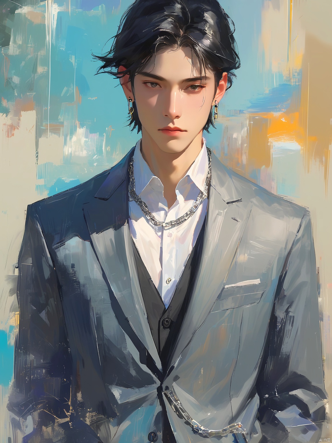 YHFG,Oil painting style,
A young man with sleek, straight raven-black hair donned a crisp white button-down shirt paired with a tailored charcoal grey suit jacket. He had a serious demeanor as he scanned the room. The background was a modern abstract painting dominated by cool blues and silvers. Around his neck was a fine silver chain with a minimalist disc pendant, and his ears were adorned with small, geometric gold earrings. The overhead lighting emphasized the fairness of his skin.
