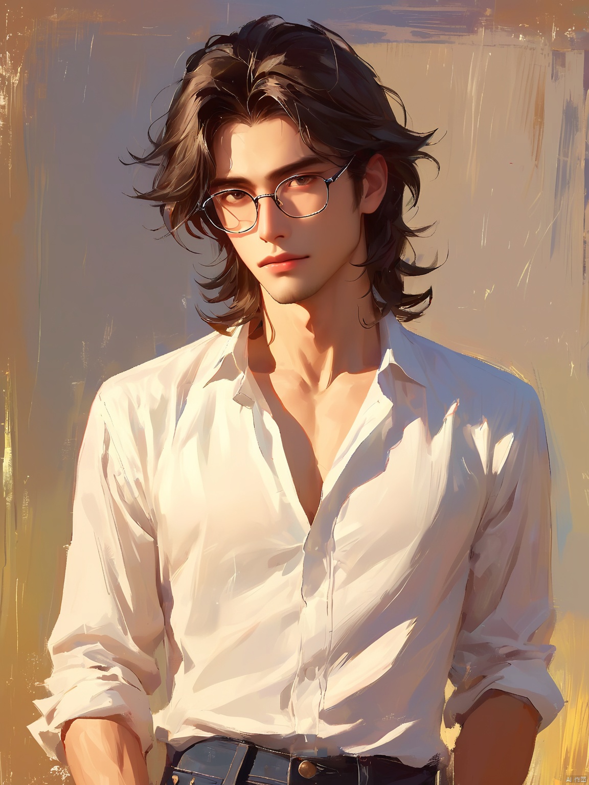YHFG,Oil painting style,
A handsome man with tousled hair and square, metal-framed glasses. His face was angular, and he wore a crisp, white shirt tucked into slim-fitting jeans. The background is a deep, velvety black, making his features stand out in stark contrast. The light was harsh and directional, accentuating the sharp lines of his jaw.