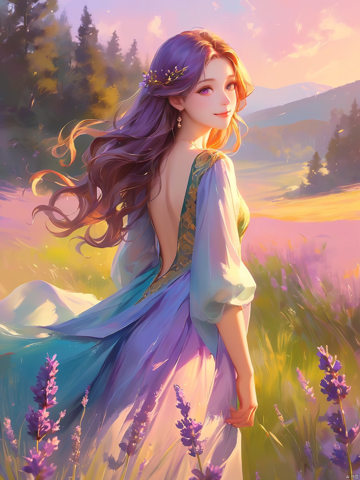 YHFG,Oil painting style,
A woman named Elara, her skin tanned and eyes a deep forest green, donned a flowing azure dress adorned with golden embroidery. Her long, wavy chestnut hair cascaded down her back, and her face bore a serene smile. The backdrop was a tranquil meadow under a twilight sky, painted with hues of pink and lavender, evoking a sense of peace and calm. The gentle breeze played with her hair, adding a touch of ethereal beauty to the scene.