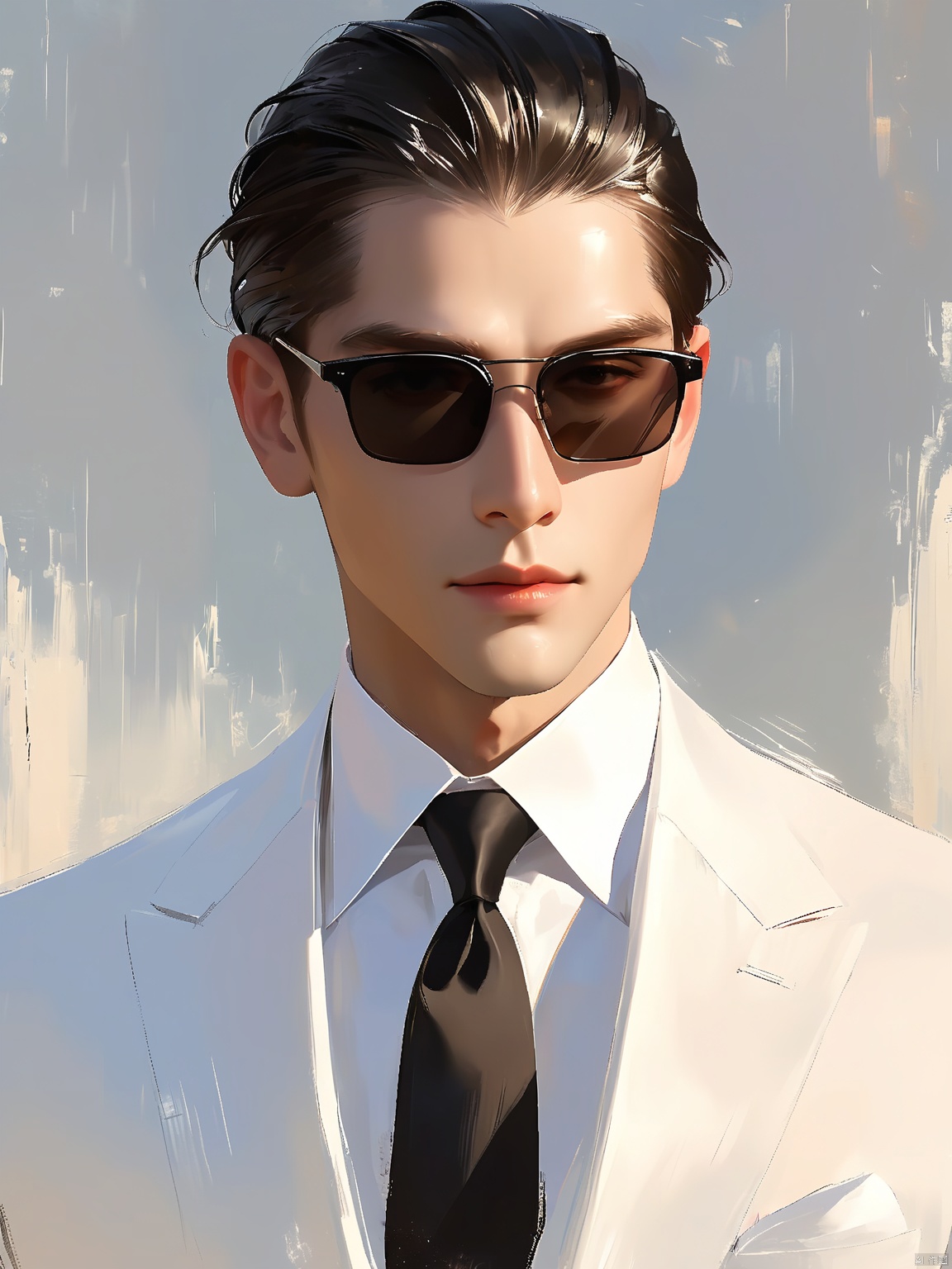 YHFG,Oil painting style,
A sleek and sophisticated man with slicked-back hair and rectangular, prescription sunglasses. His suit was tailored to perfection, and he wore a crisp, white dress shirt with a thin, black tie. The background is a minimalist, monochrome palette of black and white. The light was precise and controlled, highlighting every detail of his well-groomed appearance.