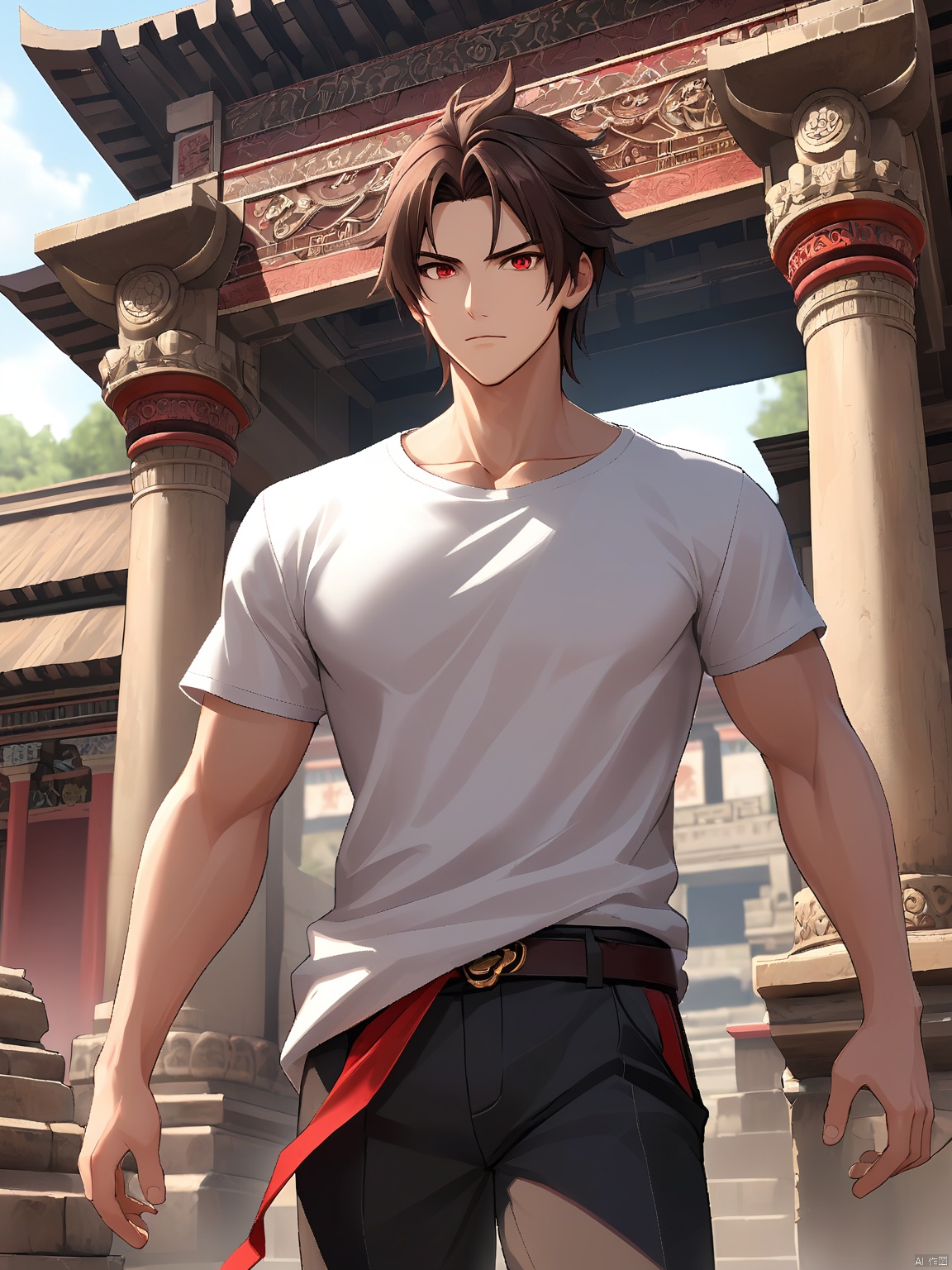 A male protagonist with sleek, dark brown hair and intense crimson eyes. He dons a white t-shirt tucked into fitted black pants. The background is a blur of an ancient temple, its stone walls adorned with intricate carvings.

