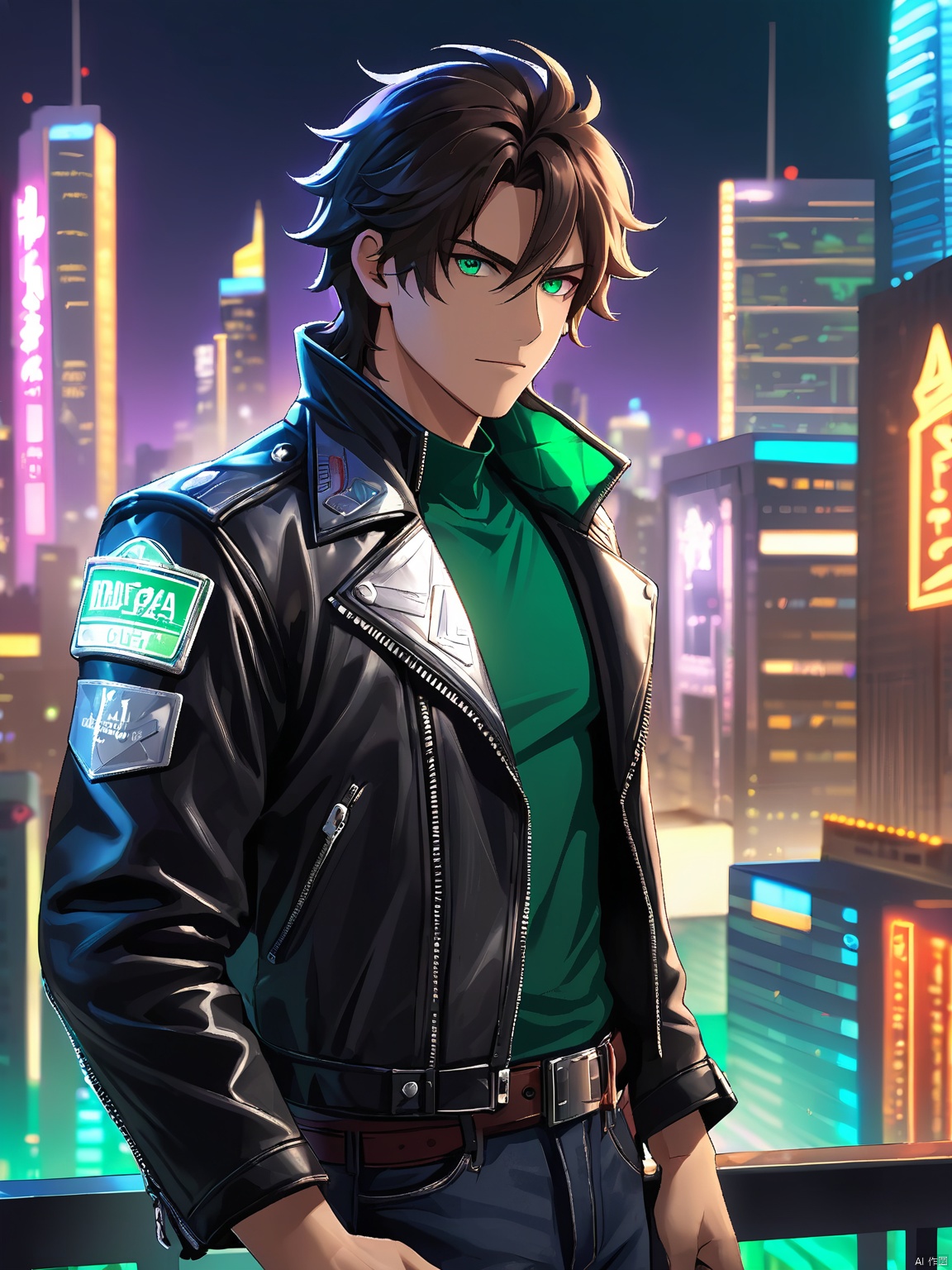 A male protagonist with tousled, dark hair and intense emerald eyes. He dons a leather jacket with silver patches, standing against a faintly blurred urban landscape of skyscrapers and neon lights.

