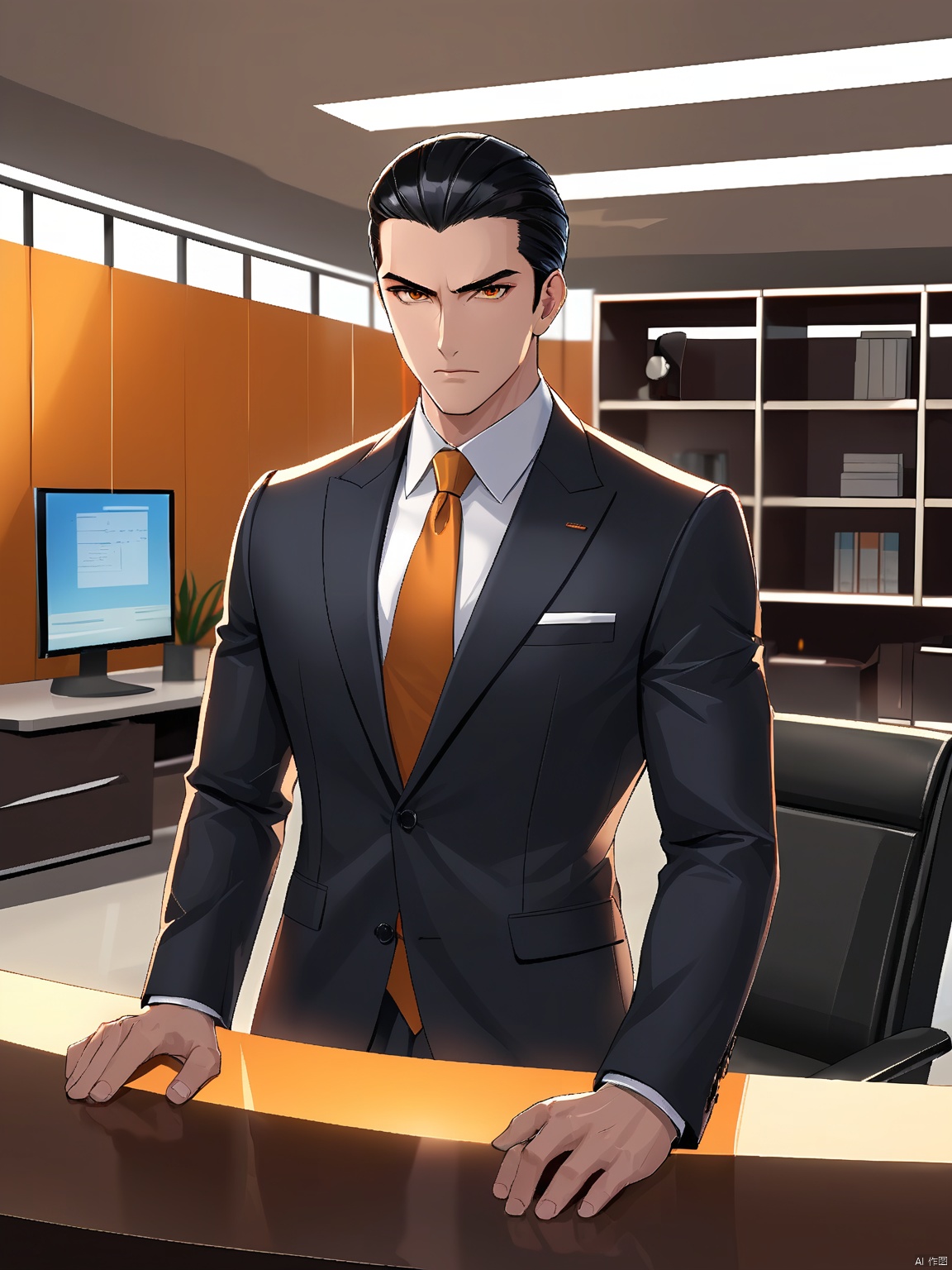 A male character with slicked-back black hair and intense amber eyes. He wears a tailored suit and tie, exuding power and authority. The background is a corporate office with sleek modern furniture.
