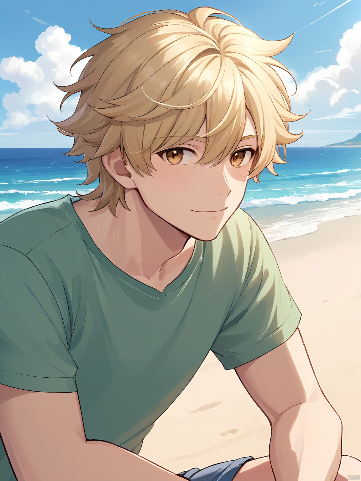 A male character with short, tousled blond hair and calm hazel eyes. He wears a simple t-shirt and shorts, making him look relaxed and carefree. The background is a sandy beach with the ocean in the distance.
