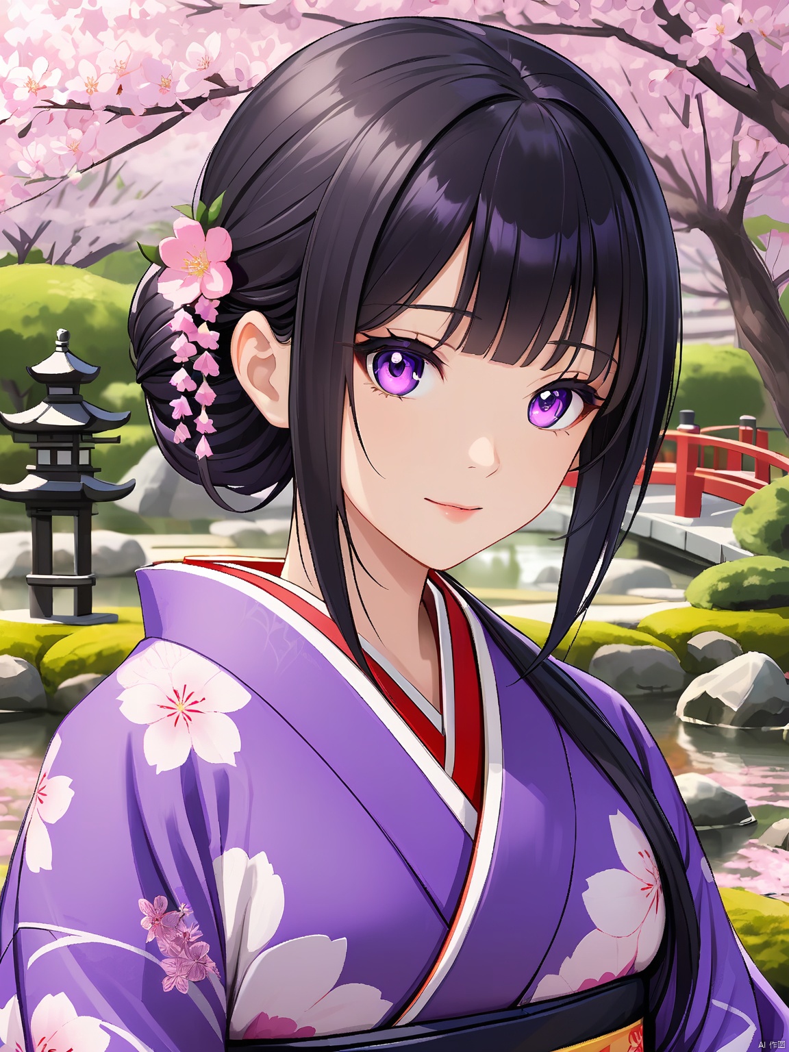 A female character with straight, jet-black hair and deep violet eyes. She wears a traditional kimono, adding a touch of elegance to her appearance. The background is a serene Japanese garden with cherry blossoms.
