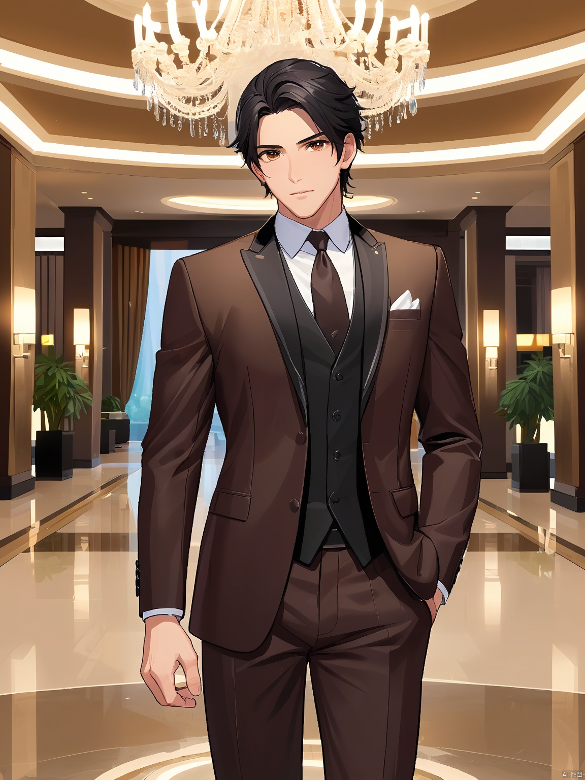A male character with short, neatly trimmed black hair and intense brown eyes. He wears a formal suit, exuding confidence and sophistication. The background is a luxurious hotel lobby with crystal chandeliers.
