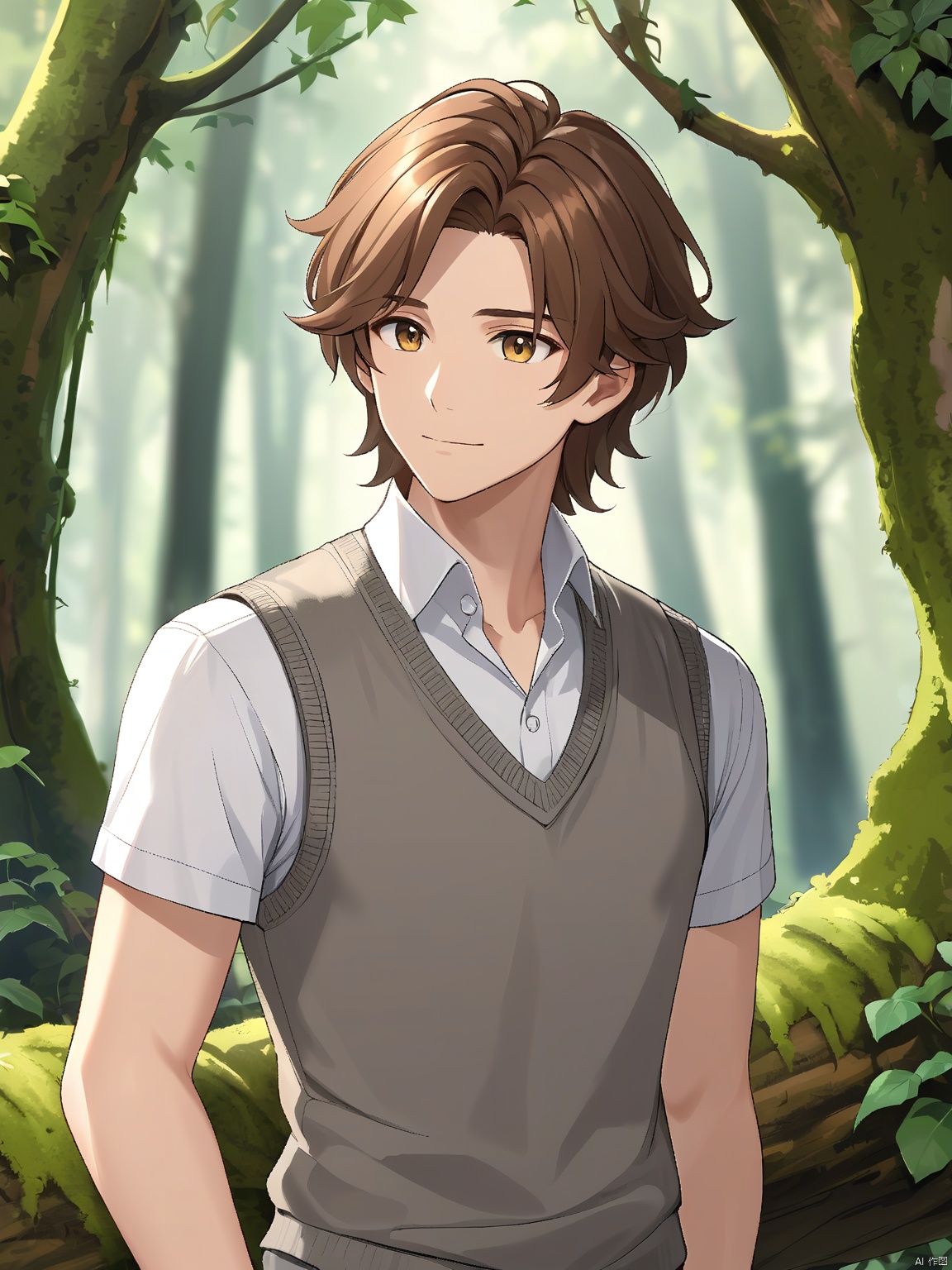 A male character with shoulder-length, chestnut brown hair and calm hazel eyes. He dons a gray sweater vest over a white dress shirt. The background is a blur of an ancient forest, its trees adorned with moss and ivy.
