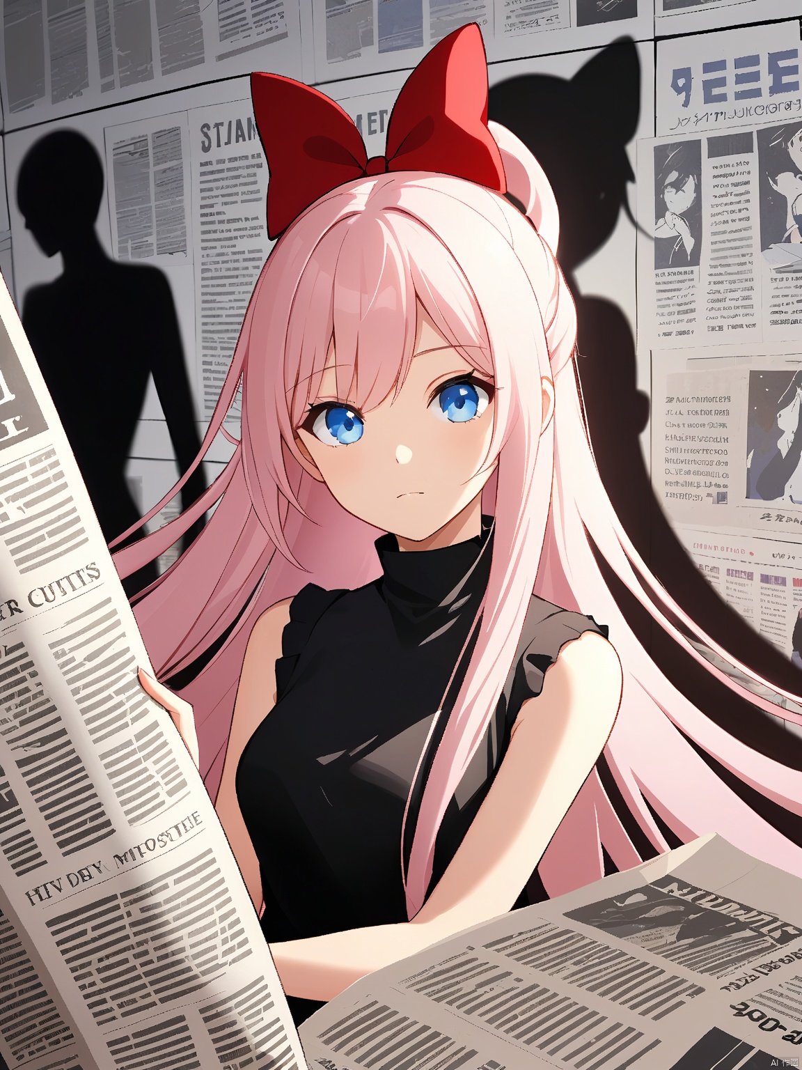 anime. face focus.,very long hair, a woman character with white and light pink hair and blue eyes. She wears a black top adorned with red bows,adding a touch of playfulness to her appearance., The background is relatively blurry,with what appears to be a wall covered in white paper behind her,showing the outlines of newspapers. Light shines down from above,casting slanted shadows on the wall,and the black silhouettes form a striking contrast with the girl.,