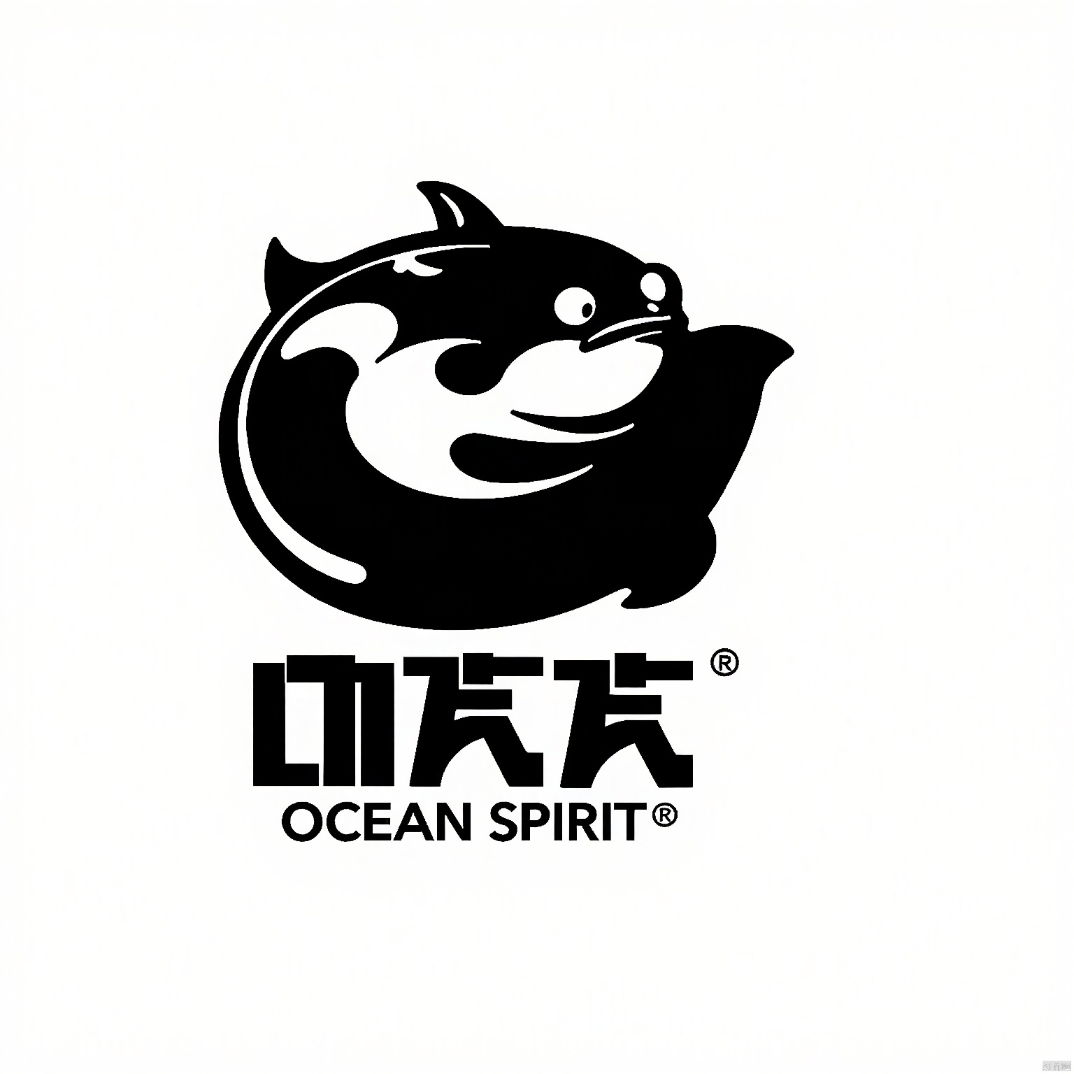 CTLG, ORCA, the orca emblem, adopts a contemporary and striking design. The orca's body is sleek and black, with white accents on its fins and back. Its eyes are sharp and intelligent, signifying intelligence and social bonds. The white backdrop is clean, featuring "OCEAN SPIRIT" in elegant white italic beneath the logo.