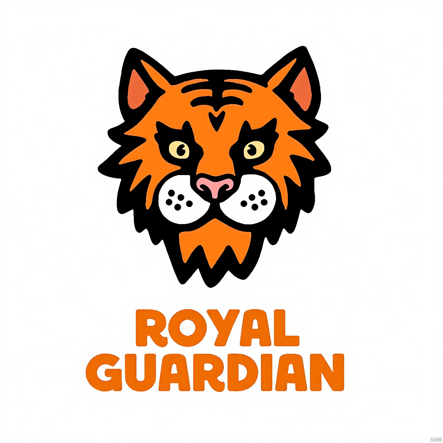 CTLG, TIGR, the tiger emblem, adopts a powerful and majestic design. The tiger's coat is a striking orange with black stripes. Its eyes are a fierce amber, signifying bravery and strength. The white backdrop is clean, featuring "ROYAL GUARDIAN" in bold orange at the footer.