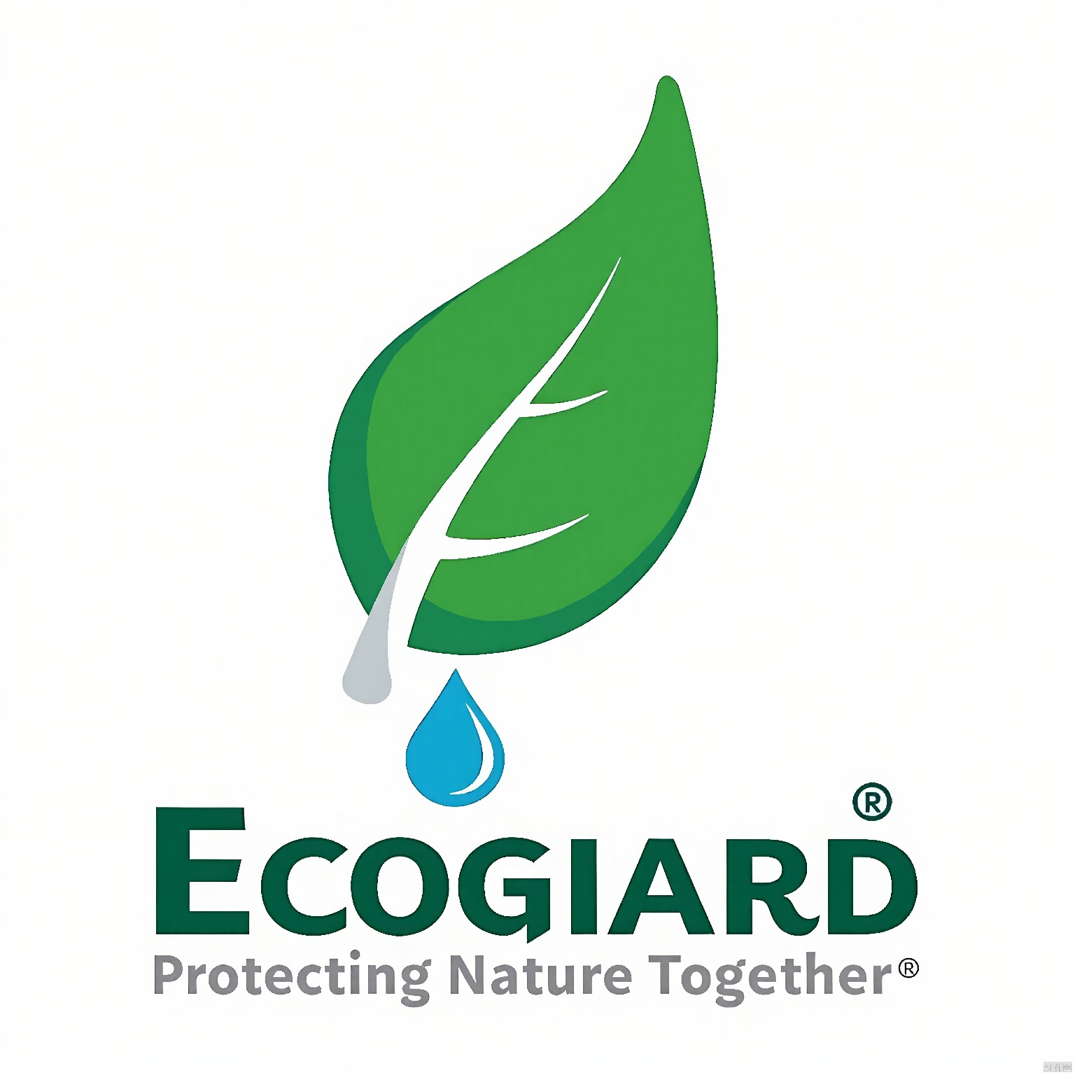 CTLG, The emblem of EcoGuard, showcasing a vibrant green leaf, incorporates a sleek and minimalist aesthetic. The leaf's veins are subtly outlined in dark green, and a small drop of water hangs at its tip, symbolizing purity. The backdrop is pristine white, with "EcoGuard" in elegant, emerald green script at the base. Beneath the logo, in tiny, silver italics, reads "Protecting Nature Together".