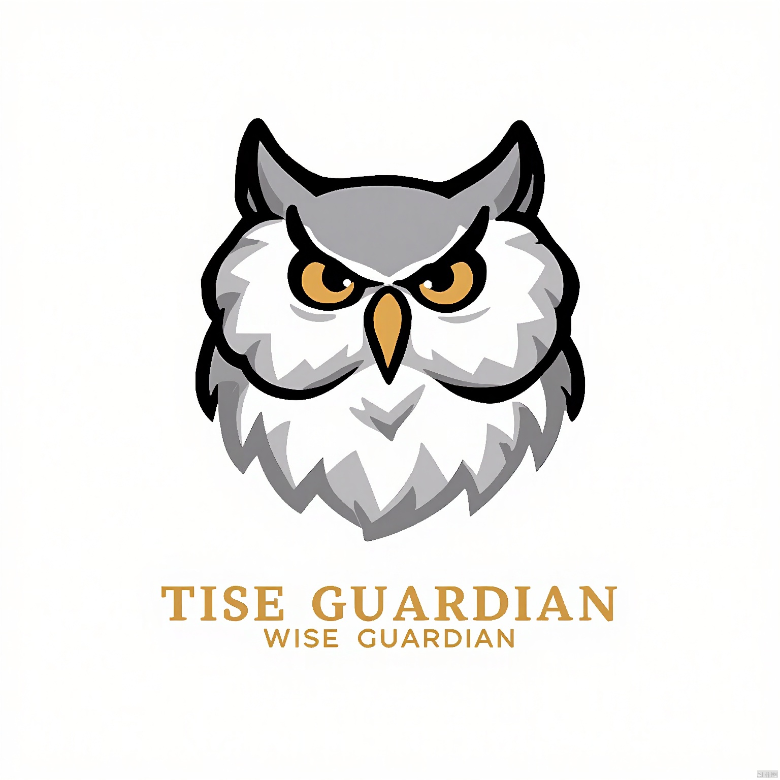 CTLG, OWLW, the owl wisdom, showcases a sleek and wise design. The owl's feathers are a soft gray, with golden accents on its beak and eyes. Its wise eyes are deep brown, conveying insight and knowledge. The white canvas is simple, with "WISE GUARDIAN" in elegant gold italic below the logo.