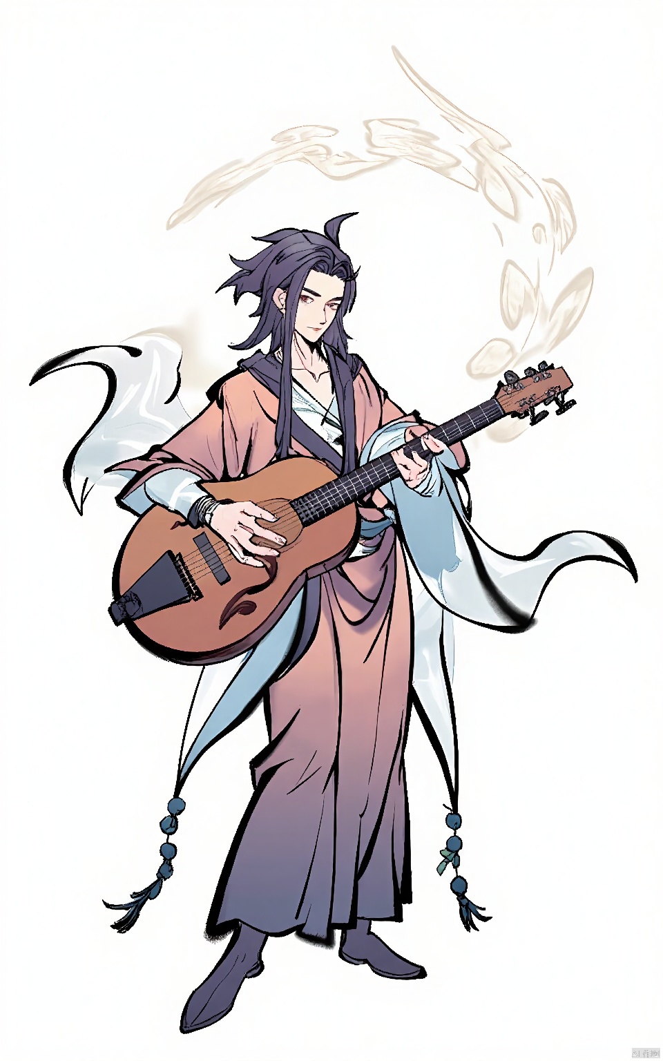 GFLH, A male musician in traditional attire, holding a lute with flowing strings. His fingers dance over the instrument, filling the white void with melodious notes.