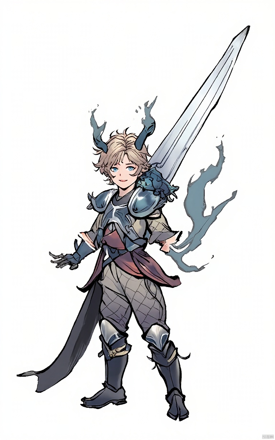 GFLH, A young boy dressed as a dragon slayer, wearing scaled armor and holding a large sword. His adventurous spirit shines through despite the plain white setting.