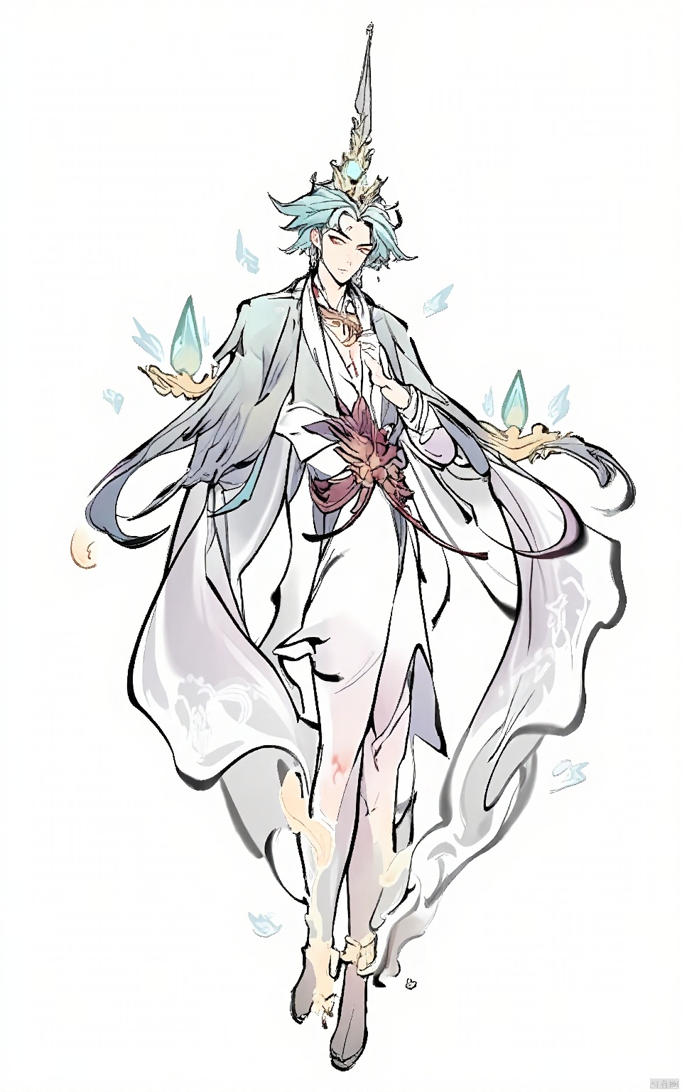 GFLH, A male spirit medium in flowing, ethereal robes, holding a divining rod adorned with crystals. His eyes are closed in concentration, as he communicates with the spirits that inhabit the white space.