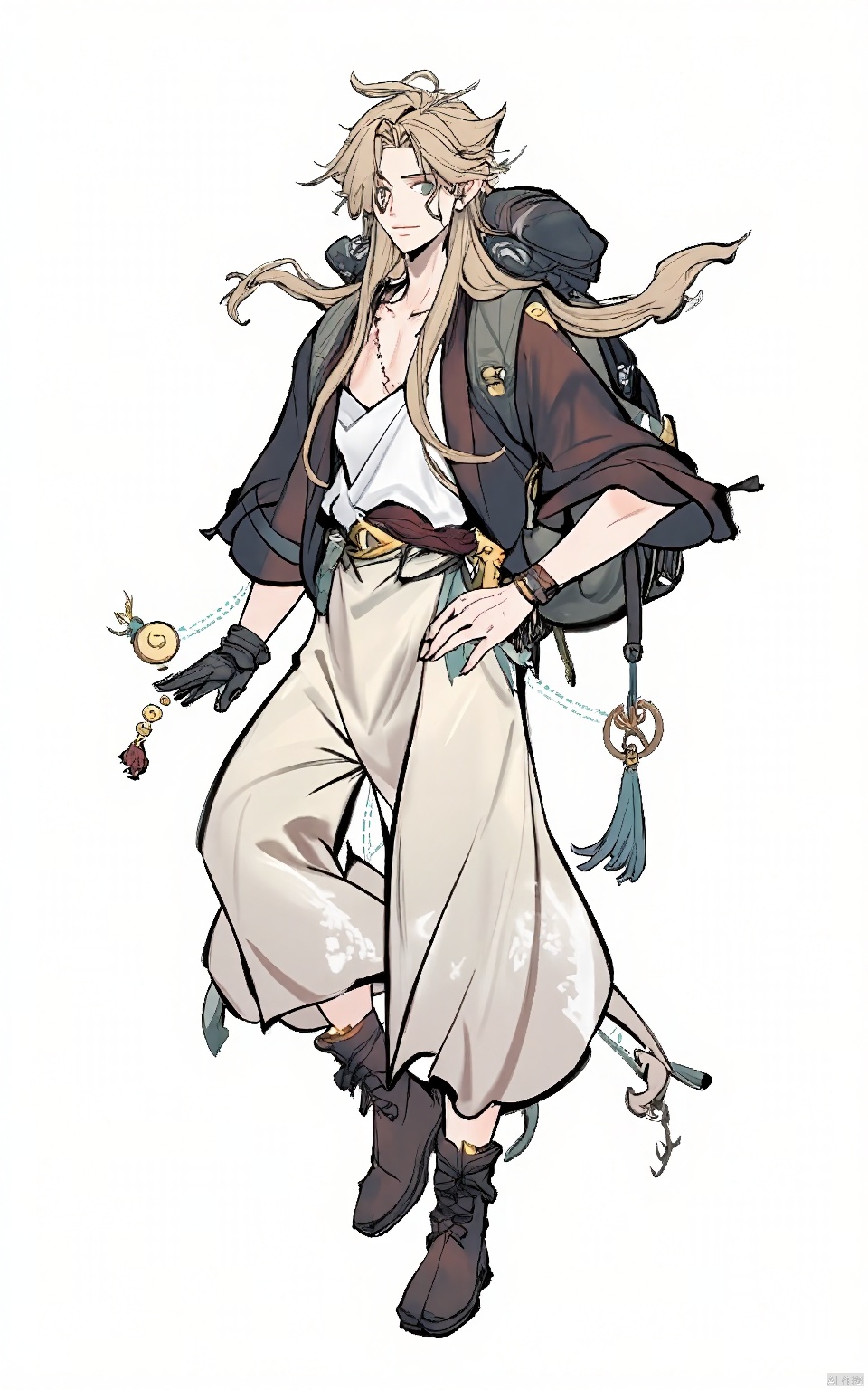 GFLH, A male traveler in practical, flowing attire, carrying a backpack and a compass. His adventurous spirit and flowing hair exude a sense of wanderlust. The white backdrop implies the endless horizon he seeks.