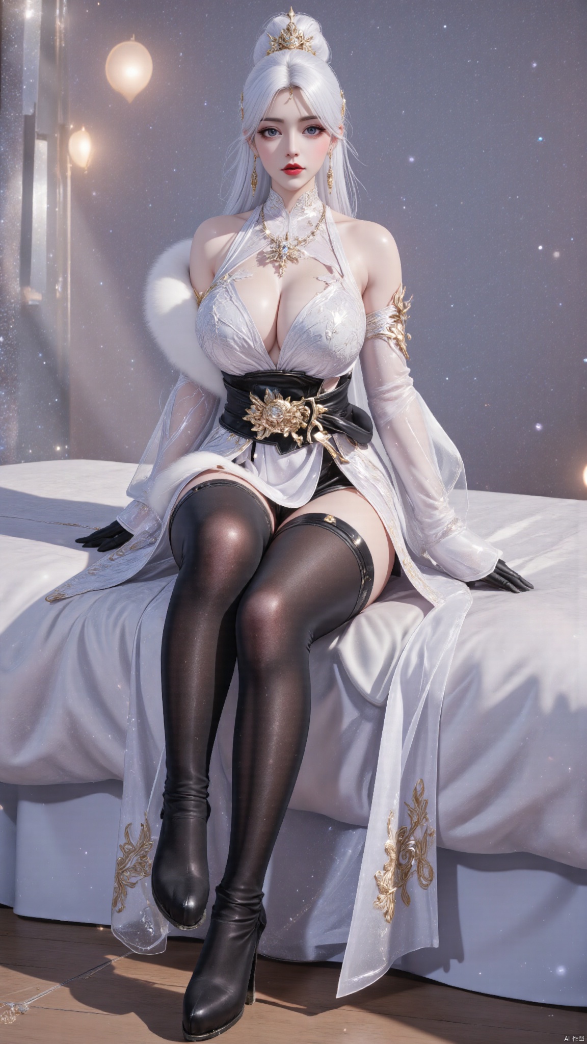 best quality,realistic,1girl,solo,breasts,large breasts,huge breasts,huge buttocks,sitting on the bed,long hair,white hair,hair ornament,ponytail,high ponytail,tassel,hat,chinese clothes,fur trim,belt,thighhighs,gloves,black gloves,fingerless gloves,long sleeves,dress,white dress,boots,high heels,black footwear,knee boots,red lips,jewelry,sparkle,indoors,bed,YMJH霜珀明太微,lihua,luxueqi,lingluochen,changeR,Bibidong,juru,huolinger