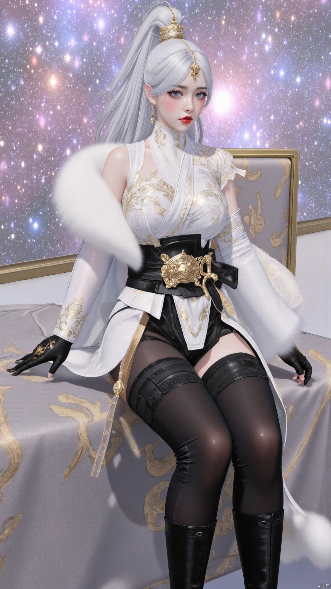 best quality,realistic,1girl,solo,breasts,large breasts,huge breasts,huge buttocks,sitting on the bed,long hair,white hair,hair ornament,ponytail,high ponytail,tassel,hat,chinese clothes,fur trim,belt,thighhighs,gloves,black gloves,fingerless gloves,long sleeves,dress,white dress,boots,high heels,black footwear,knee boots,red lips,jewelry,sparkle,indoors,bed,YMJH霜珀明太微,lihua,luxueqi,lingluochen,changeR,Bibidong,juru