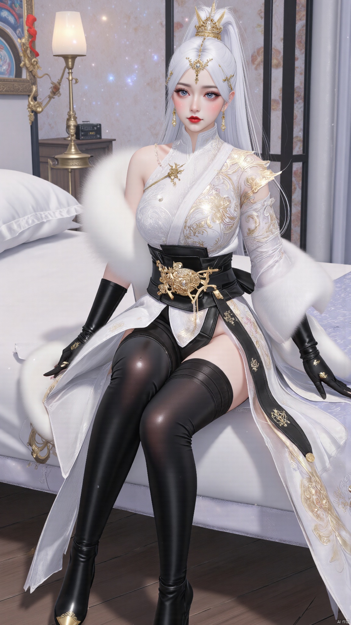 best quality,realistic,1girl,solo,breasts,large breasts,huge breasts,huge buttocks,sitting on the bed,long hair,white hair,hair ornament,ponytail,high ponytail,tassel,hat,chinese clothes,fur trim,belt,thighhighs,gloves,black gloves,fingerless gloves,long sleeves,dress,white dress,boots,high heels,black footwear,knee boots,red lips,jewelry,sparkle,indoors,bed,YMJH霜珀明太微,lihua,luxueqi,lingluochen,changeR,Bibidong,juru