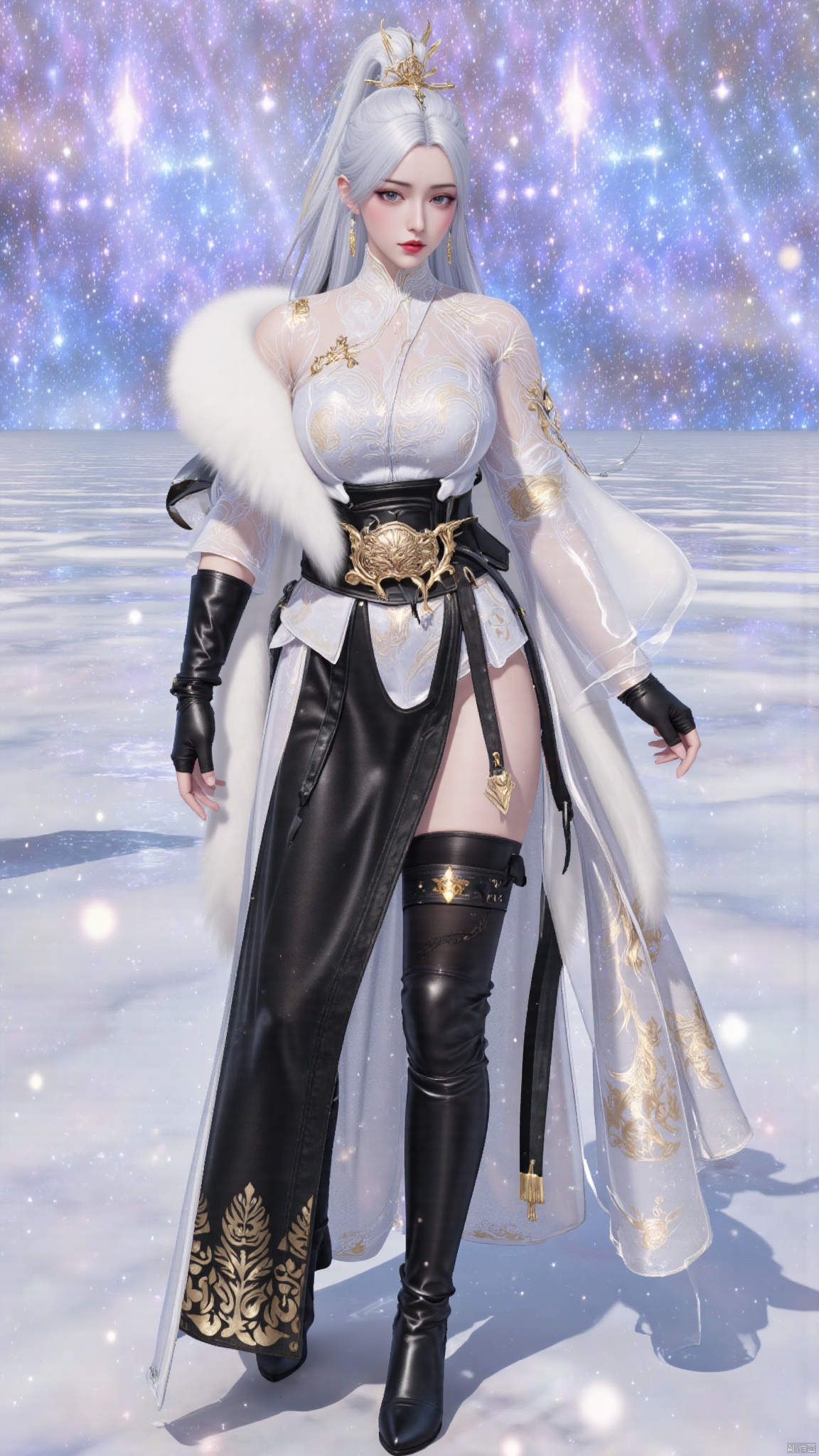 best quality,realistic,breasts,large breasts,huge breasts,huge buttocks,1girl,solo,long hair,white hair,hair ornament,ponytail,high ponytail,tassel,hat,chinese clothes,fur trim,belt,thighhighs,gloves,black gloves,fingerless gloves,long sleeves,dress,white dress,boots,high heels,black footwear,knee boots,red lips,jewelry,sparkle,snow,snowing,falling_snowsword,holding sword,YMJH霜珀明太微,lihua,luxueqi,lingluochen,changeR,Bibidong,juru