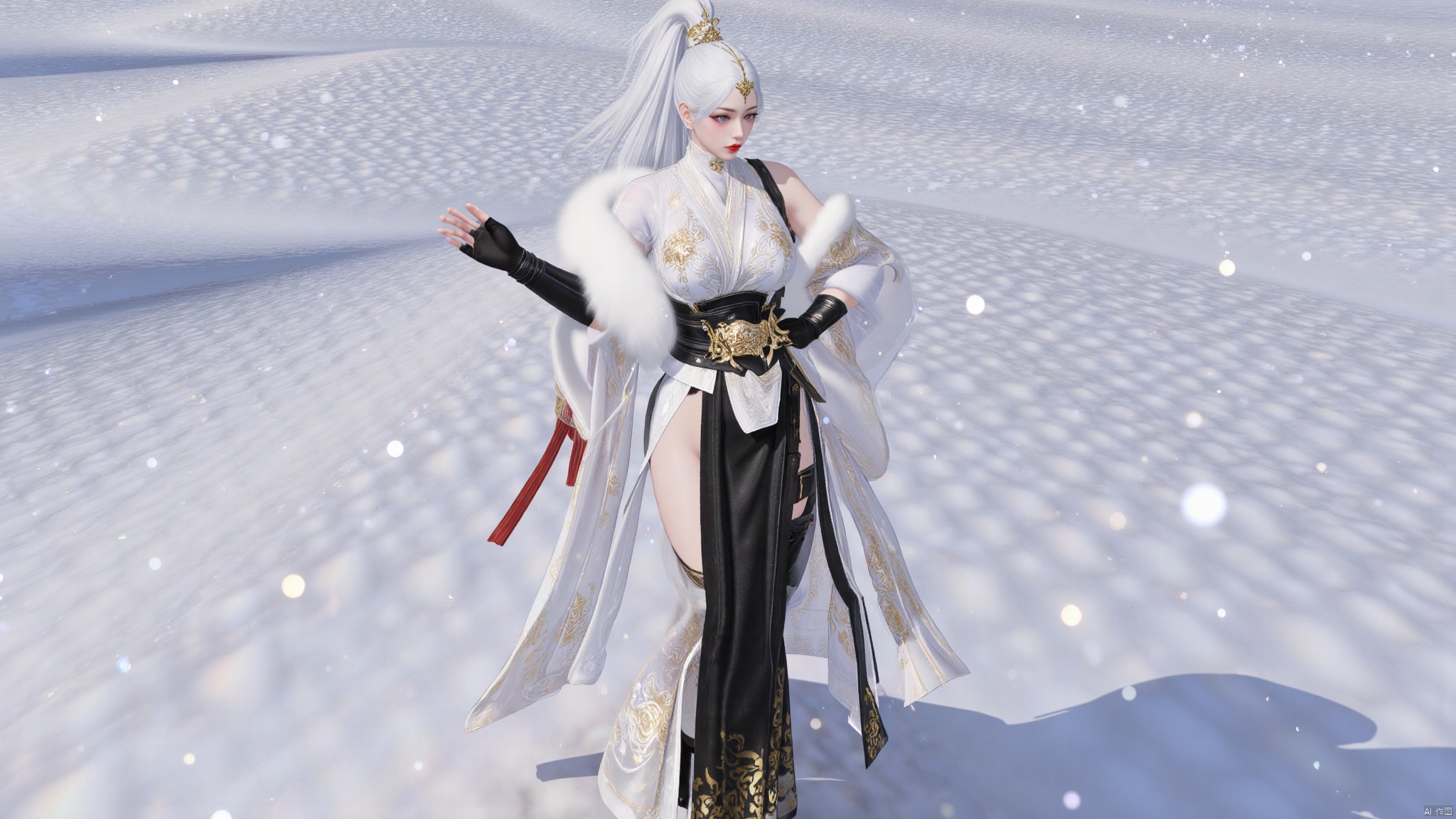 best quality,realistic,breasts,large breasts,huge breasts,huge buttocks,1girl,solo,long hair,white hair,hair ornament,ponytail,high ponytail,tassel,hat,chinese clothes,fur trim,belt,thighhighs,gloves,black gloves,fingerless gloves,long sleeves,dress,white dress,boots,high heels,black footwear,knee boots,red lips,jewelry,sparkle,snow,snowing,falling_snowsword,holding sword,YMJH霜珀明太微,lihua,luxueqi,lingluochen,changeR,Bibidong,juru