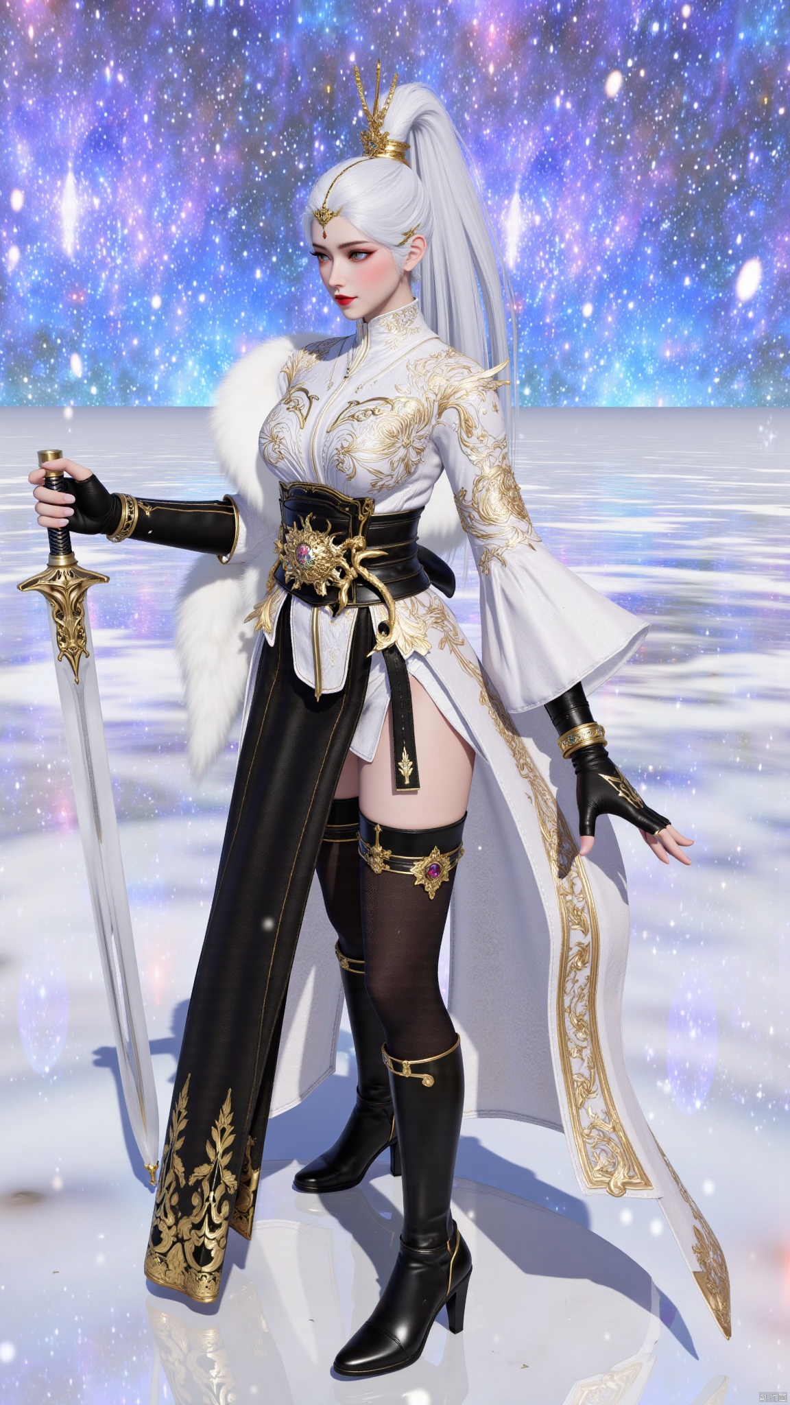 best quality,realistic,breasts,large breasts,huge breasts,huge buttocks,1girl,solo,long hair,white hair,hair ornament,ponytail,high ponytail,tassel,hat,chinese clothes,fur trim,belt,thighhighs,gloves,black gloves,fingerless gloves,long sleeves,dress,white dress,boots,high heels,black footwear,knee boots,red lips,jewelry,sparkle,snow,snowing,falling_snowsword,holding sword,YMJH霜珀明太微,lihua,luxueqi,lingluochen