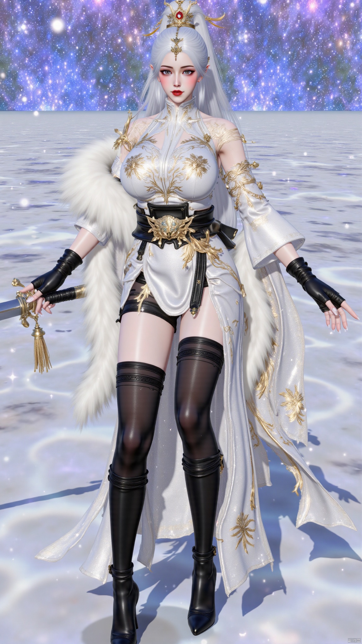 best quality,realistic,breasts,large breasts,huge breasts,huge buttocks,1girl,solo,long hair,white hair,hair ornament,ponytail,high ponytail,tassel,hat,chinese clothes,fur trim,belt,thighhighs,gloves,black gloves,fingerless gloves,long sleeves,dress,white dress,boots,high heels,black footwear,knee boots,red lips,jewelry,sparkle,snow,snowing,falling_snowsword,holding sword,YMJH霜珀明太微,lihua,luxueqi,lingluochen,changeR