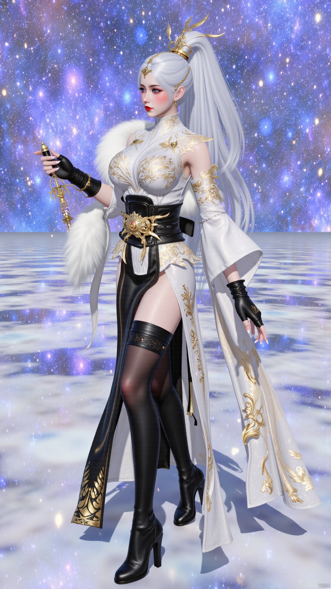 best quality,realistic,breasts,large breasts,huge breasts,huge buttocks,1girl,solo,long hair,white hair,hair ornament,ponytail,high ponytail,tassel,hat,chinese clothes,fur trim,belt,thighhighs,gloves,black gloves,fingerless gloves,long sleeves,dress,white dress,boots,high heels,black footwear,knee boots,red lips,jewelry,sparkle,snow,snowing,falling_snowsword,holding sword,YMJH霜珀明太微,lihua,luxueqi,lingluochen,changeR