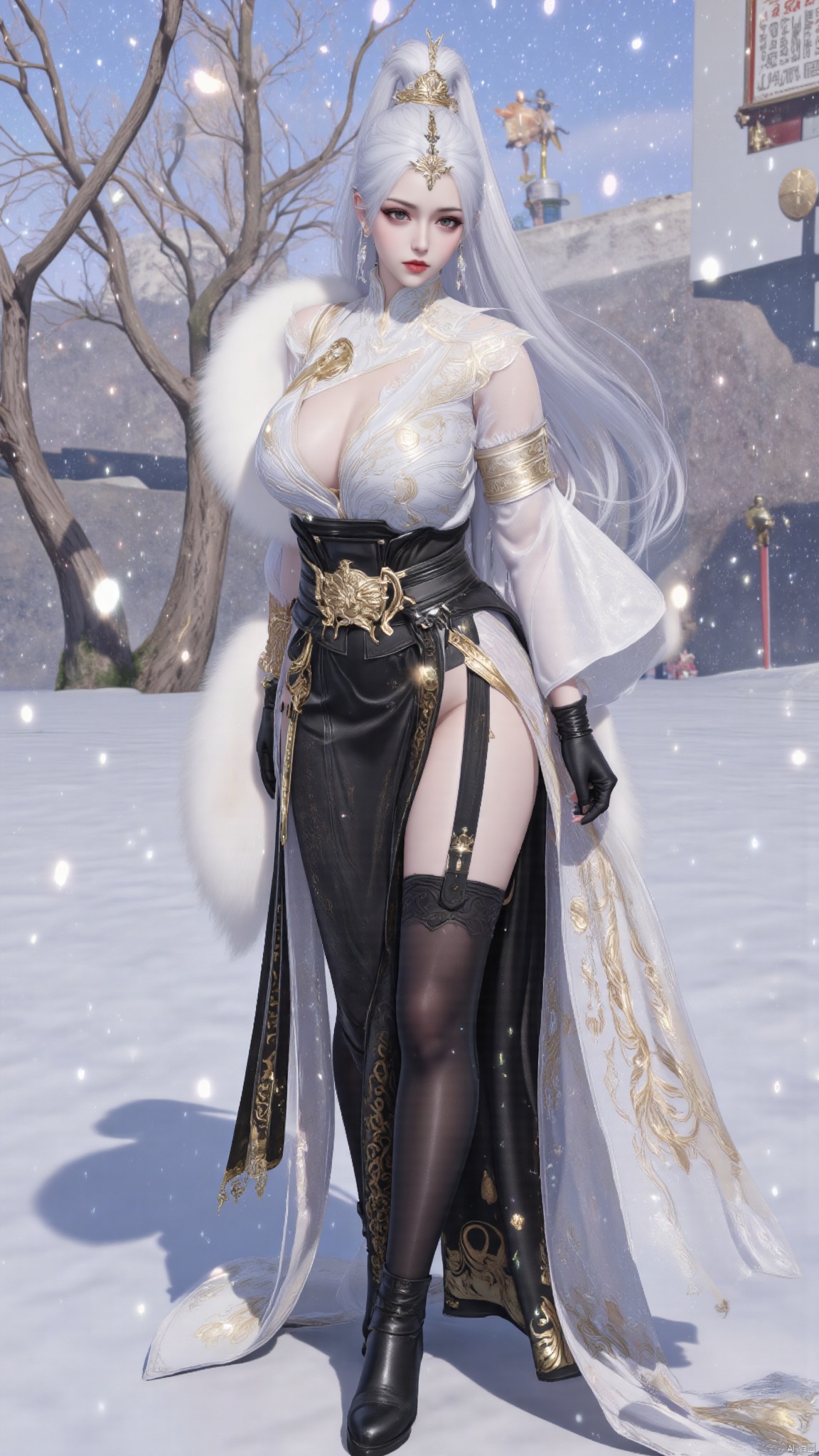 best quality,realistic,breasts,large breasts,huge breasts,huge buttocks,1girl,solo,long hair,white hair,hair ornament,ponytail,high ponytail,tassel,hat,chinese clothes,fur trim,belt,thighhighs,gloves,black gloves,fingerless gloves,long sleeves,dress,white dress,boots,high heels,black footwear,knee boots,red lips,jewelry,sparkle,snow,snowing,falling_snowsword,holding sword,YMJH霜珀明太微,lihua,luxueqi,lingluochen,changeR,Bibidong,juru