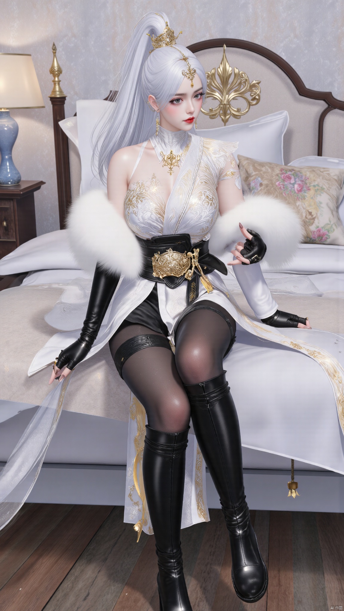 best quality,realistic,1girl,solo,breasts,large breasts,huge breasts,huge buttocks,sitting on the bed,long hair,white hair,hair ornament,ponytail,high ponytail,tassel,hat,chinese clothes,fur trim,belt,thighhighs,gloves,black gloves,fingerless gloves,long sleeves,dress,white dress,boots,high heels,black footwear,knee boots,red lips,jewelry,sparkle,indoors,bed,YMJH霜珀明太微,lihua,luxueqi,lingluochen,changeR,Bibidong,juru