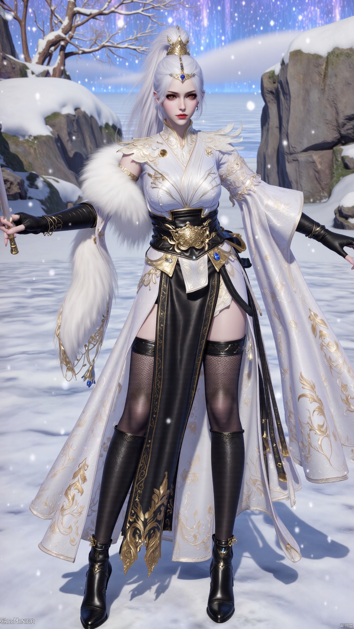 best quality,realistic,breasts,large breasts,huge breasts,huge buttocks,1girl,solo,long hair,white hair,hair ornament,ponytail,high ponytail,tassel,hat,chinese clothes,fur trim,belt,thighhighs,gloves,black gloves,fingerless gloves,long sleeves,dress,white dress,boots,high heels,black footwear,knee boots,red lips,jewelry,sparkle,snow,snowing,falling_snowsword,holding sword,YMJH霜珀明太微,lihua,luxueqi,lingluochen,changeR,Bibidong