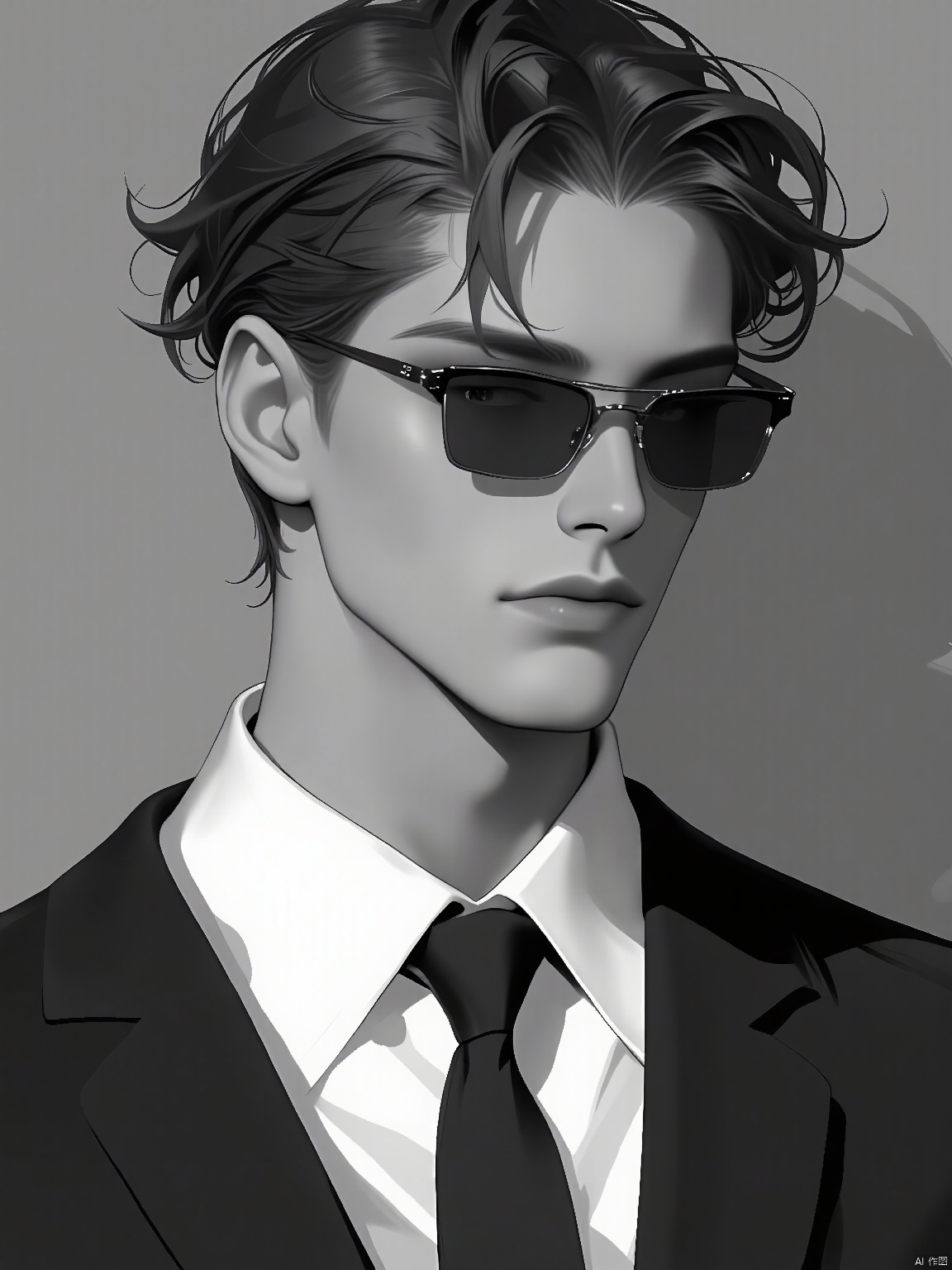 RHFG, A sleek and sophisticated man with slicked-back hair and rectangular, prescription sunglasses. His suit was tailored to perfection, and he wore a crisp, white dress shirt with a thin, black tie. The background is a minimalist, monochrome palette of black and white. The light was precise and controlled, highlighting every detail of his well-groomed appearance.