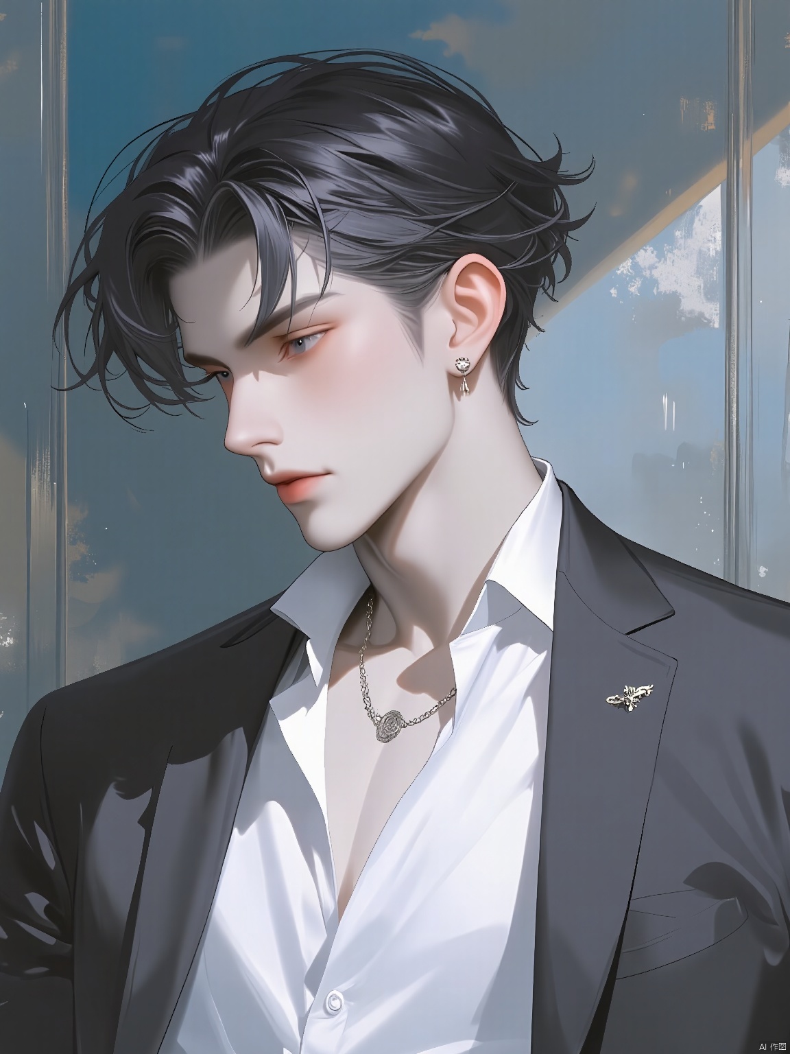 RHFG, A young man with sleek, straight raven-black hair donned a crisp white button-down shirt paired with a tailored charcoal grey suit jacket. He had a serious demeanor as he scanned the room. The background was a modern abstract painting dominated by cool blues and silvers. Around his neck was a fine silver chain with a minimalist disc pendant, and his ears were adorned with small, geometric gold earrings. The overhead lighting emphasized the fairness of his skin.