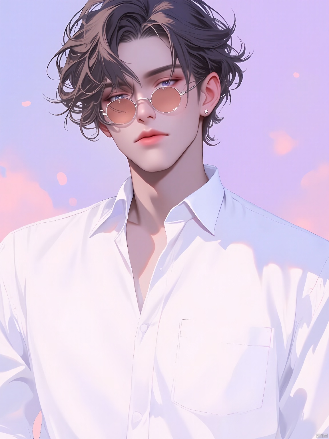 RHFG, A charming man with disheveled hair and round, acetate glasses. His eyes sparkled with mischief, and he wore a classic white button-down shirt with the sleeves rolled up. The background is a soft, pastel gradient of pink and lavender. The light was soft and dreamy, giving his face a slightly ethereal quality.
