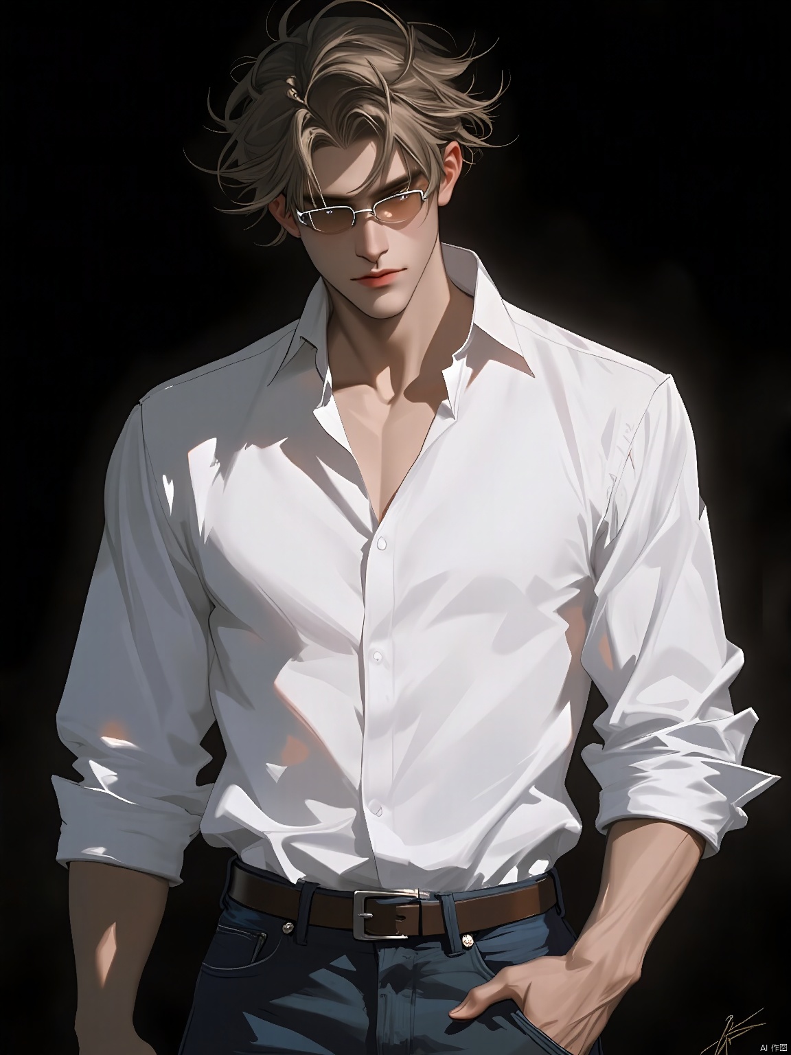 RHFG, A handsome man with tousled hair and square, metal-framed glasses. His face was angular, and he wore a crisp, white shirt tucked into slim-fitting jeans. The background is a deep, velvety black, making his features stand out in stark contrast. The light was harsh and directional, accentuating the sharp lines of his jaw.