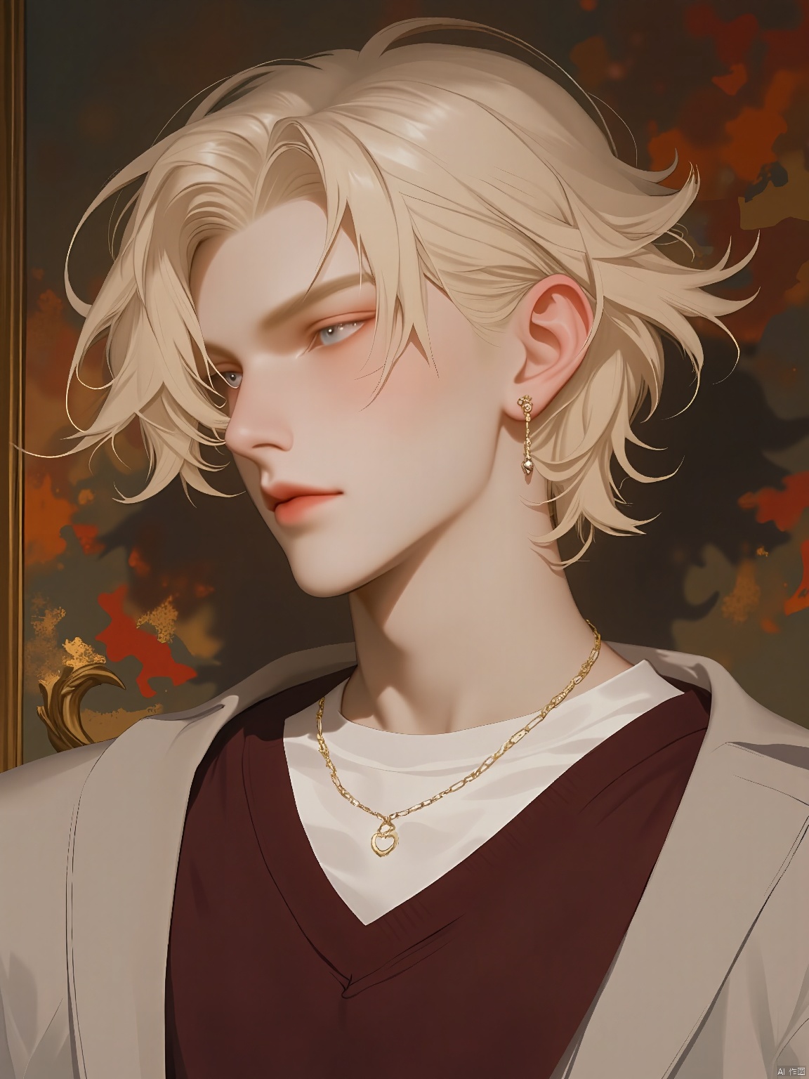 RHFG, A young man with shoulder-length, wavy platinum blonde hair wore a deep maroon sweater over a white T-shirt, layered with a light grey cardigan. He looked introspective as he stared off into the distance. The backdrop was an abstract artwork with a fusion of fiery reds, oranges, and yellows. Around his neck was a delicate gold chain with a small, heart-shaped pendant, and his ears were pierced with simple, elegant silver studs. The dim, ambient lighting complemented his pale complexion.