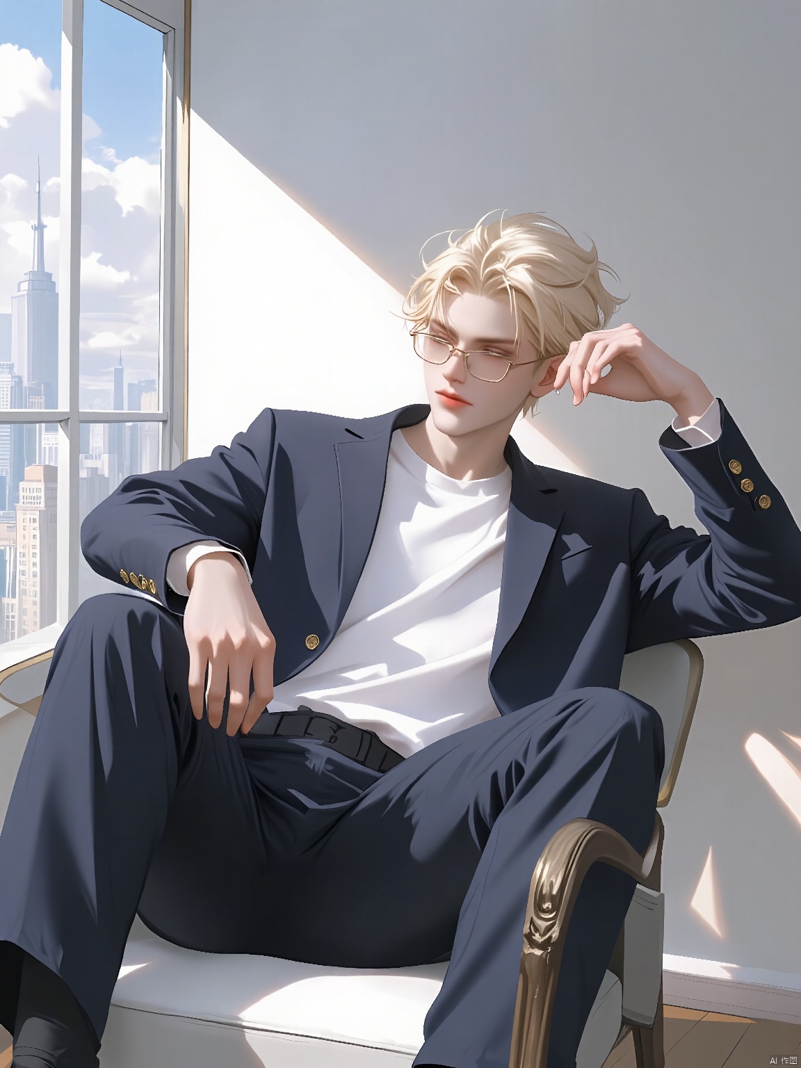 RHFG, Ethan, a young entrepreneur, leaned back in a sleek, modern armchair, dressed in a crisp navy blue blazer over a white tee, paired with slim-fit chinos. His short, spiky blonde hair stood out against the neutral backdrop, and he adjusted his rectangular, gold-rimmed glasses. The office was minimalist yet stylish, with floor-to-ceiling windows showcasing a stunning cityscape, and the faint hum of city life filled the air.