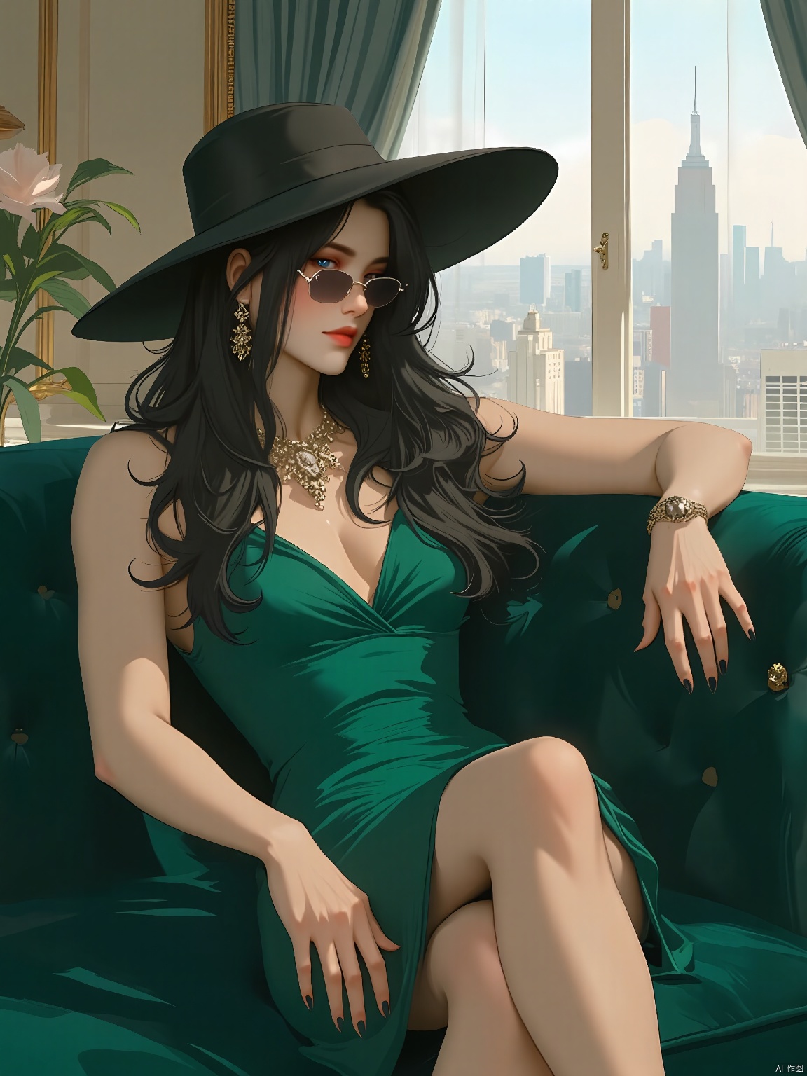 RHFG, Ava, a sophisticated fashionista, lounged elegantly on a velvet tufted sofa in her chic living room. She wore a form-fitting, bodycon dress in emerald green, accessorized with statement jewelry and a wide-brimmed hat perched on her head. Her long, straight raven-black hair was styled in loose waves, and she wore small, rectangular sunglasses. The room was a study in modern luxury, with sleek lines, high-end furniture, and a stunning view of the city skyline through floor-to-ceiling windows.