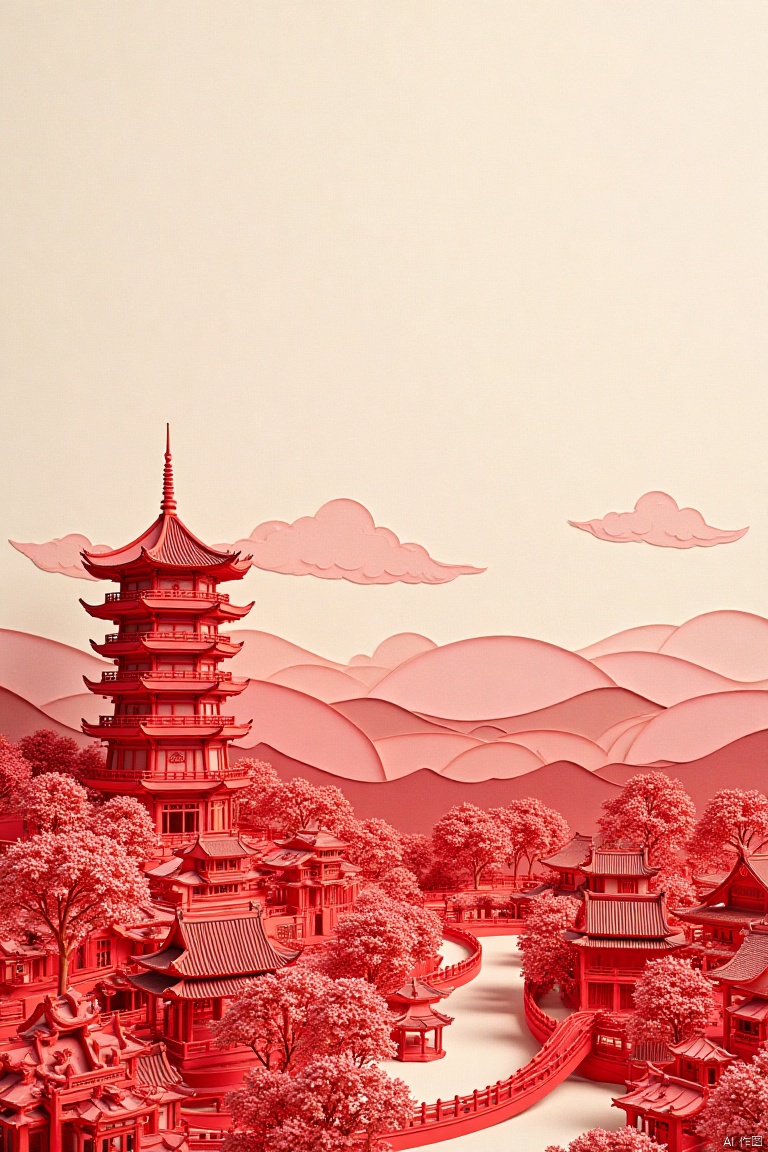 a vibrant red Chinese pagoda is seen in the middle of the frame. The pagoda's roof is adorned with intricate carvings,  ad...