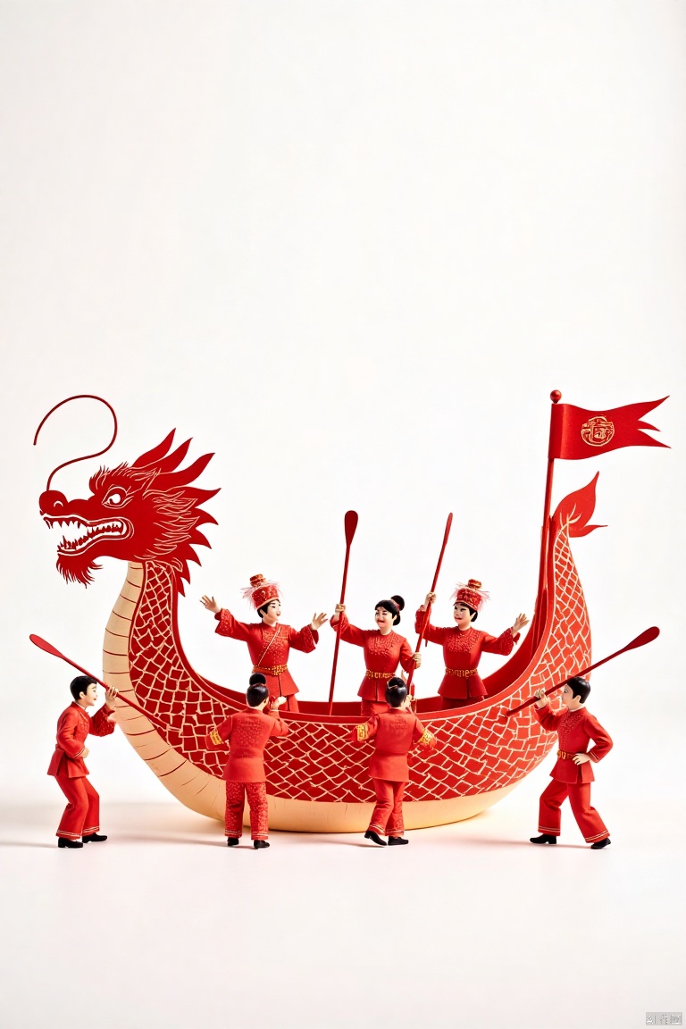 a vibrant red dragon-like object is positioned against a stark white backdrop. The dragon-shaped object is adorned with in...