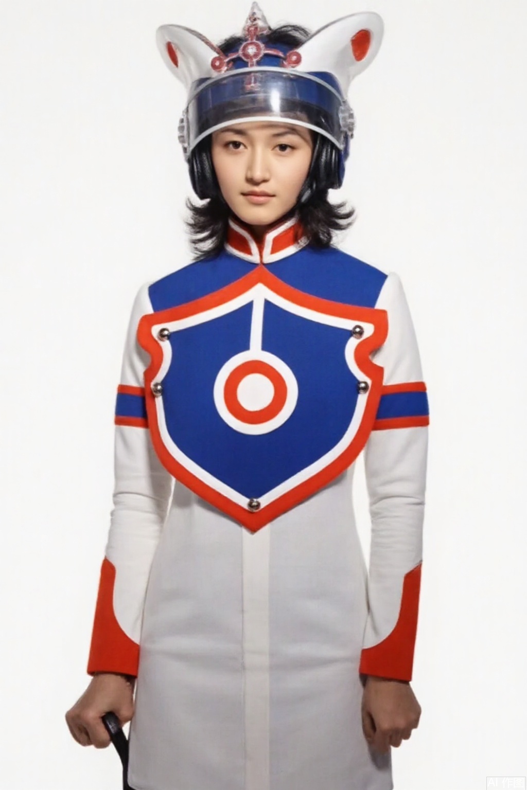 masterpiece, best quality,solo,(white background:1.2),simple background,
looking at viewer,zat,helmet,dress,collar,belt,logo,uniform,jacket,emblem,white uniform with blue and red line,white dress with blue and red line