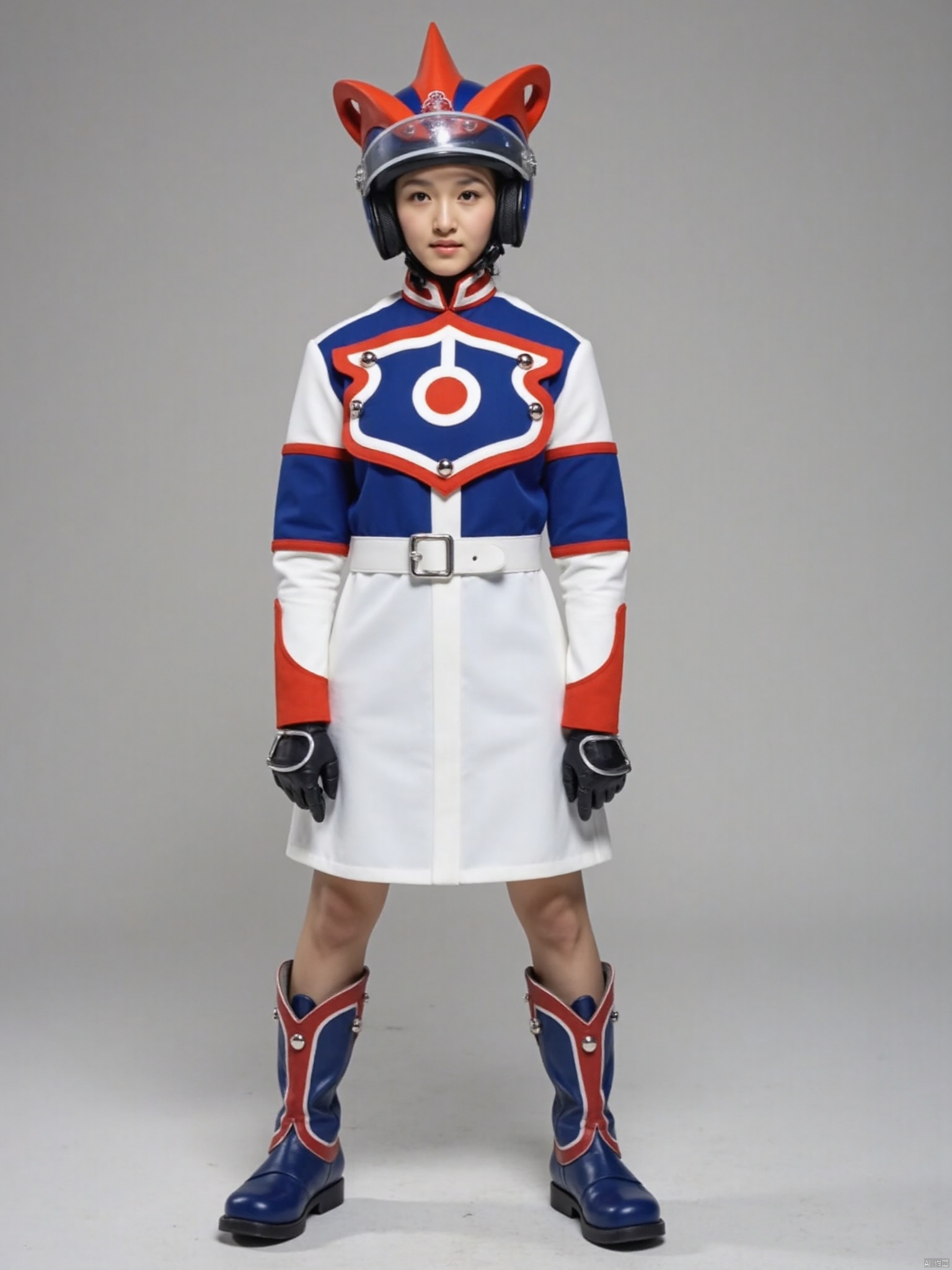 zat,helmet,dress,collar,belt,logo,uniform,jacket,gloves,boots,emblem,blue footwear,white uniform with blue and red line,white dress with blue and red line