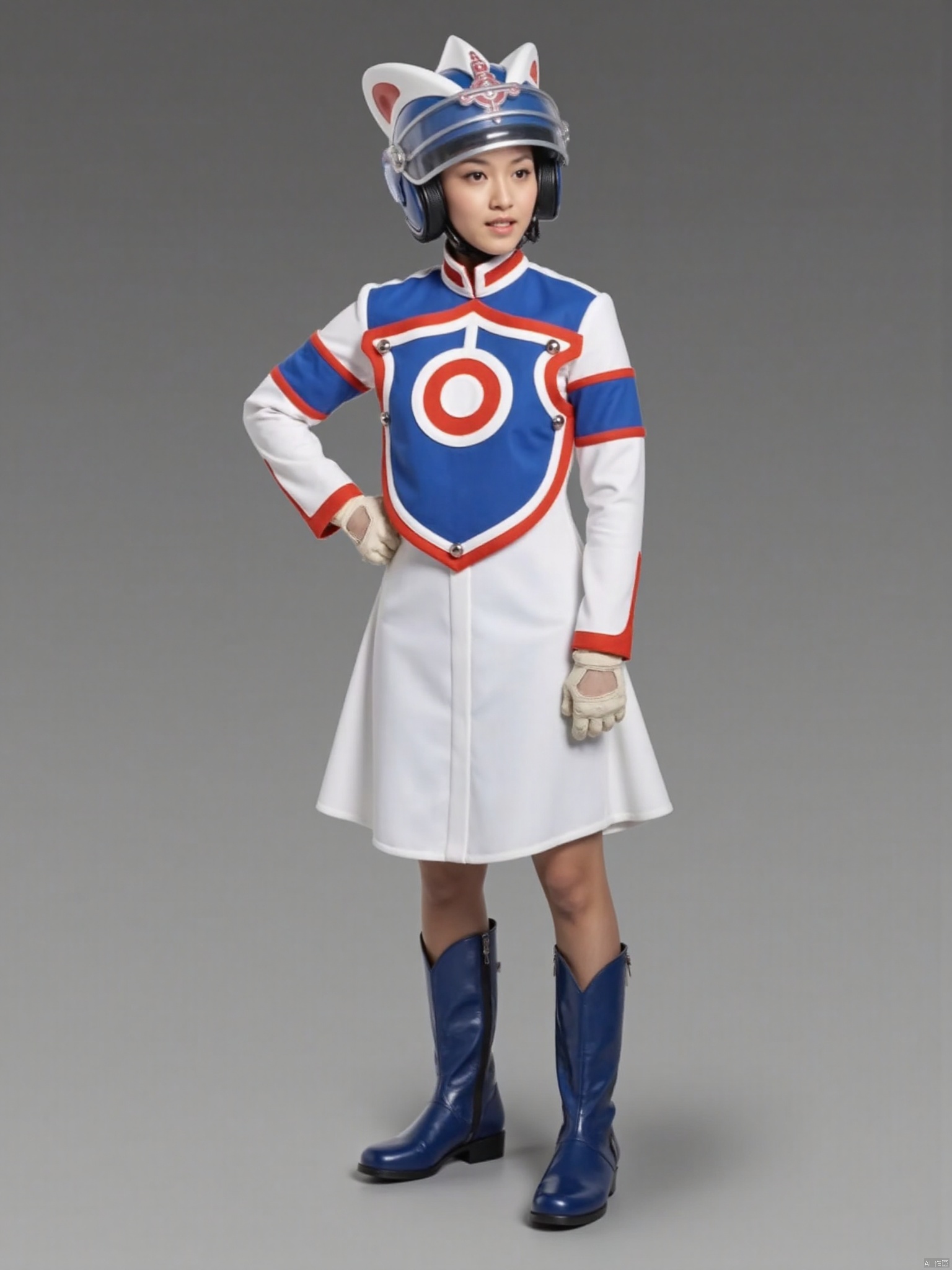 zat,helmet,dress,collar,belt,logo,uniform,jacket,gloves,boots,emblem,blue footwear,white uniform with blue and red line,white dress with blue and red line