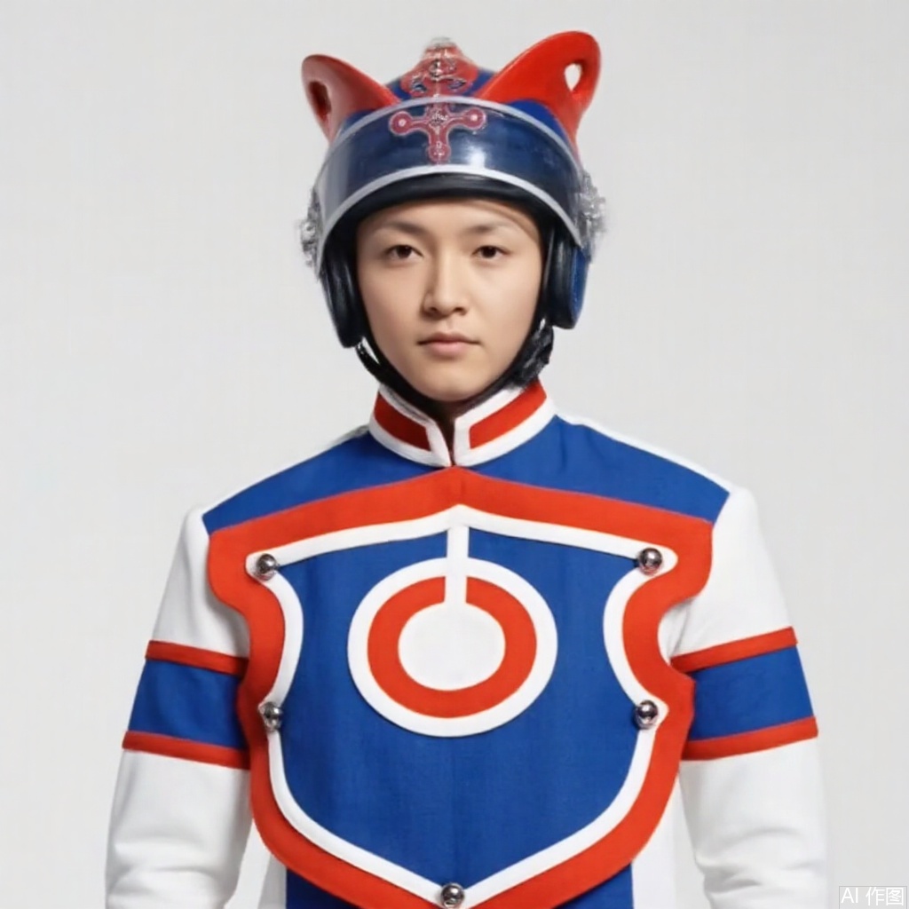 masterpiece, best quality,solo,(white background:1.2),simple background,
looking at viewer,zat,helmet,dress,collar,belt,logo,uniform,jacket,gloves,boots,emblem,blue footwear,white uniform with blue and red line,white dress with blue and red line