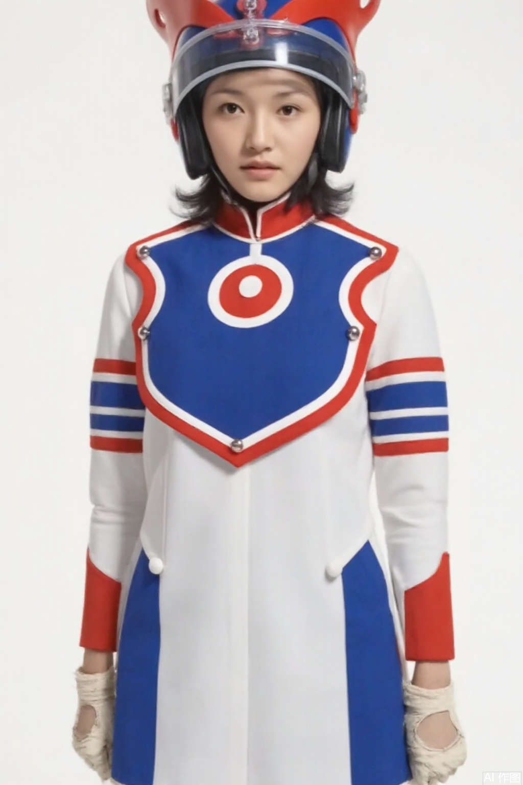 masterpiece, best quality,solo,(white background:1.2),simple background,
looking at viewer,zat,helmet,dress,collar,belt,logo,uniform,jacket,gloves,boots,emblem,blue footwear,white uniform with blue and red line,white dress with blue and red line