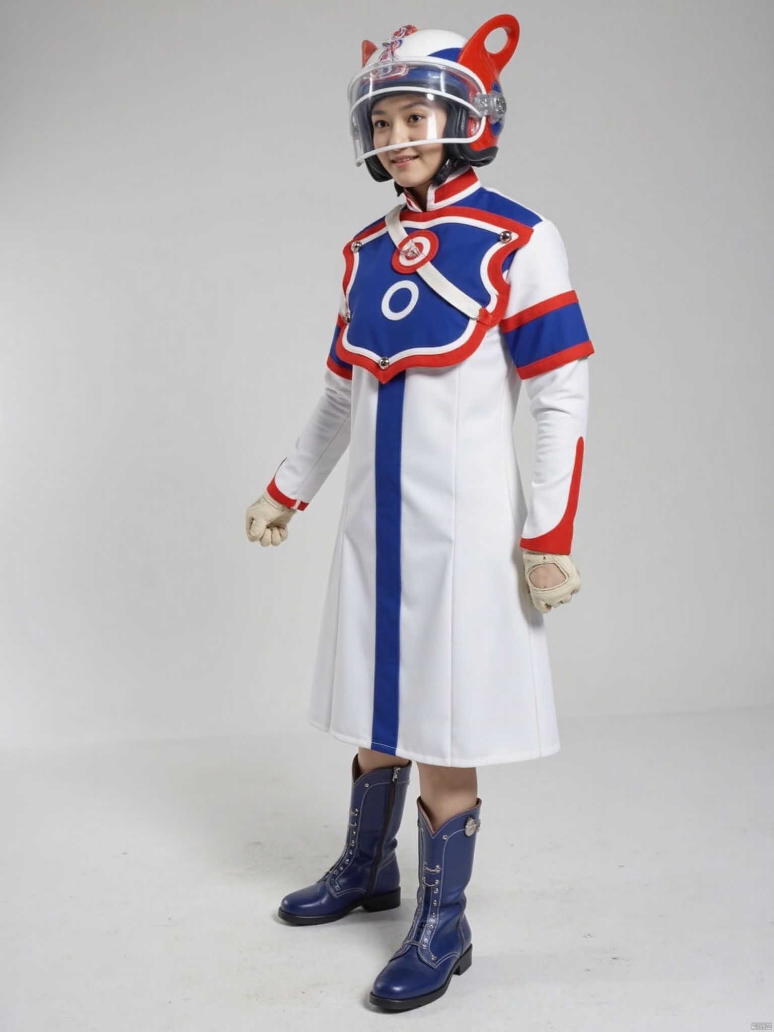 zat,helmet,dress,collar,belt,logo,uniform,jacket,gloves,boots,emblem,blue footwear,white uniform with blue and red line,white dress with blue and red line