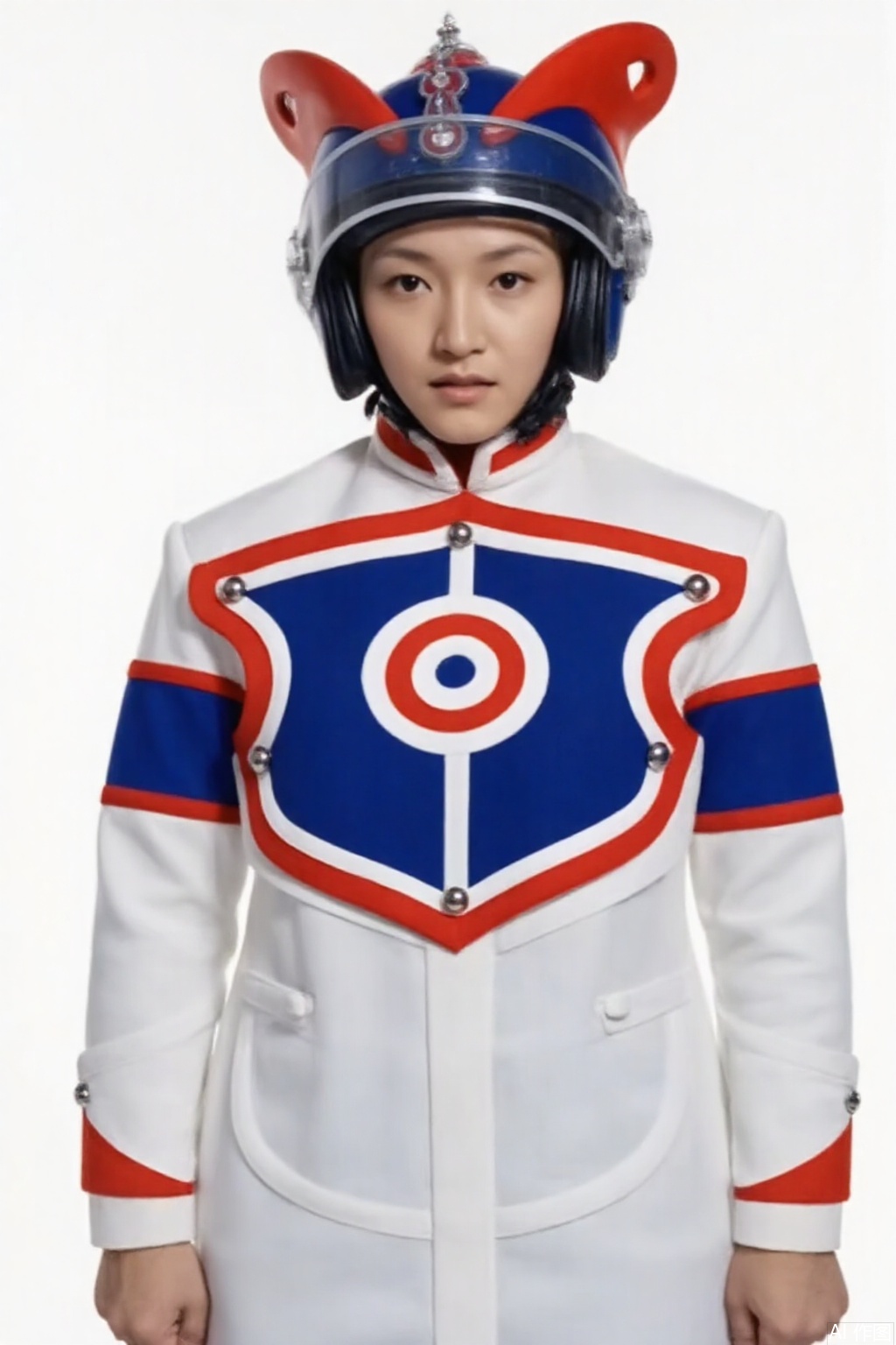 masterpiece, best quality,solo,(white background:1.2),simple background,
looking at viewer,zat,helmet,dress,collar,belt,logo,uniform,jacket,emblem,white uniform with blue and red line,white dress with blue and red line