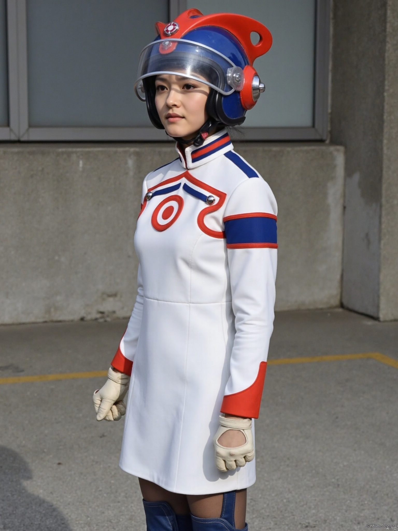 zat,helmet,dress,collar,belt,logo,uniform,jacket,gloves,boots,emblem,blue footwear,white uniform with blue and red line,white dress with blue and red line